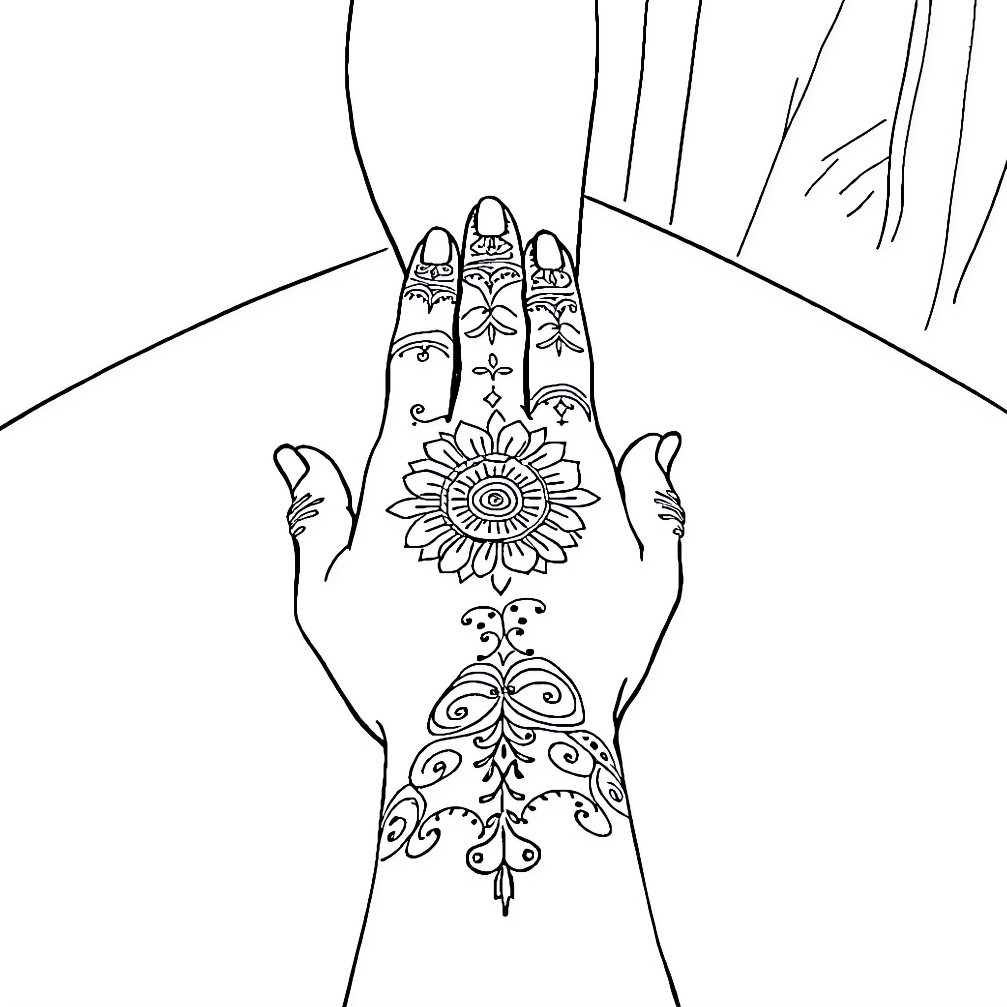 Hand Presenting Ornate Henna Design Coloring Page (free black-and-white line drawing printable PDF for all, from beginners to advanced learners, including children, teens, adults, and seniors)