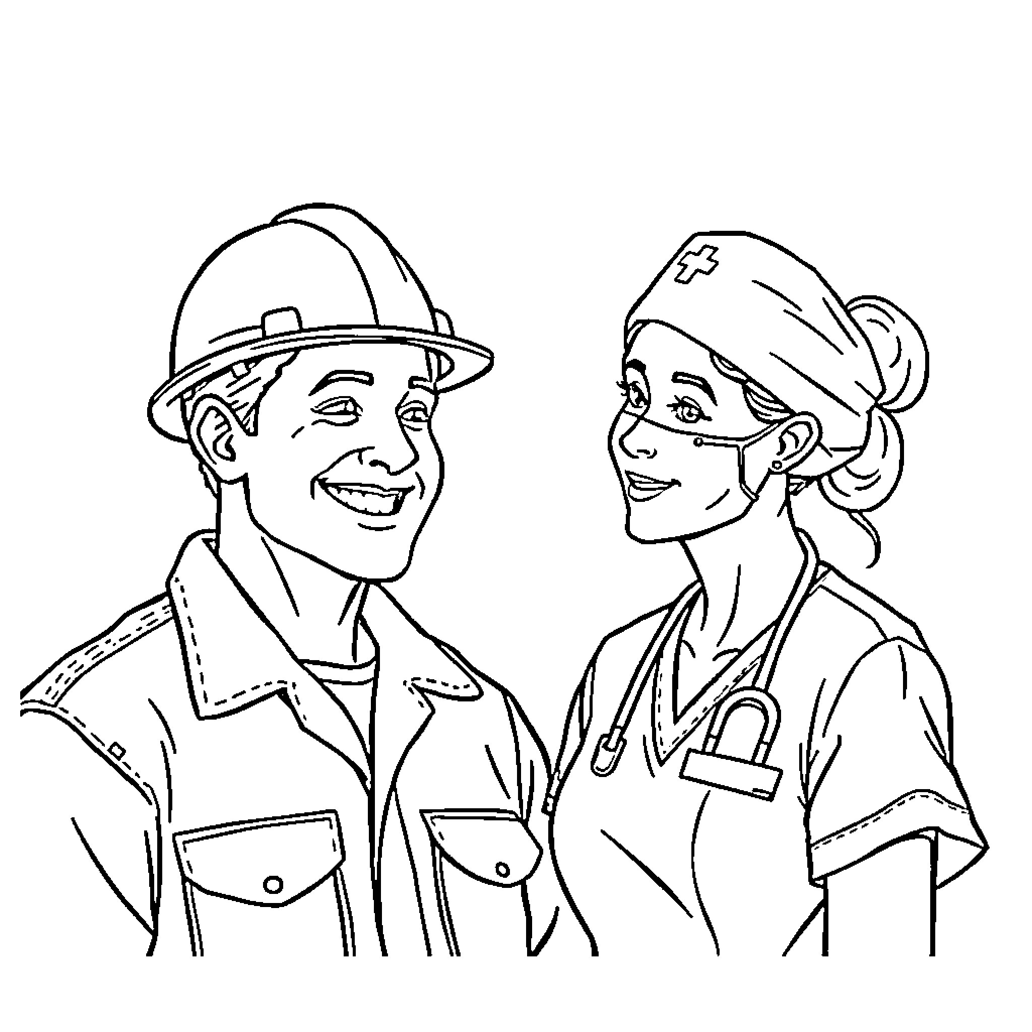 Worker Colleagues Interacting with Smiles Coloring Page (free black-and-white line drawing printable PDF for all, from beginners to advanced learners, including children, teens, adults, and seniors)