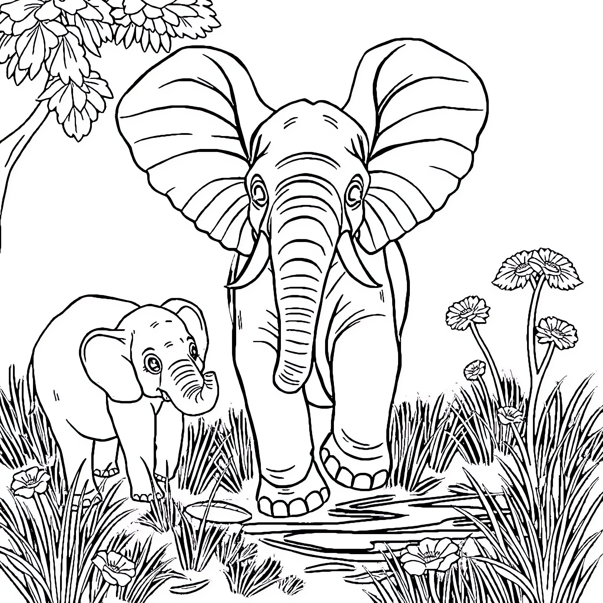 Elephants exploring the lush, floral landscape Coloring Page (free black-and-white line drawing printable PDF for all, from beginners to advanced learners, including children, teens, adults, and seniors)