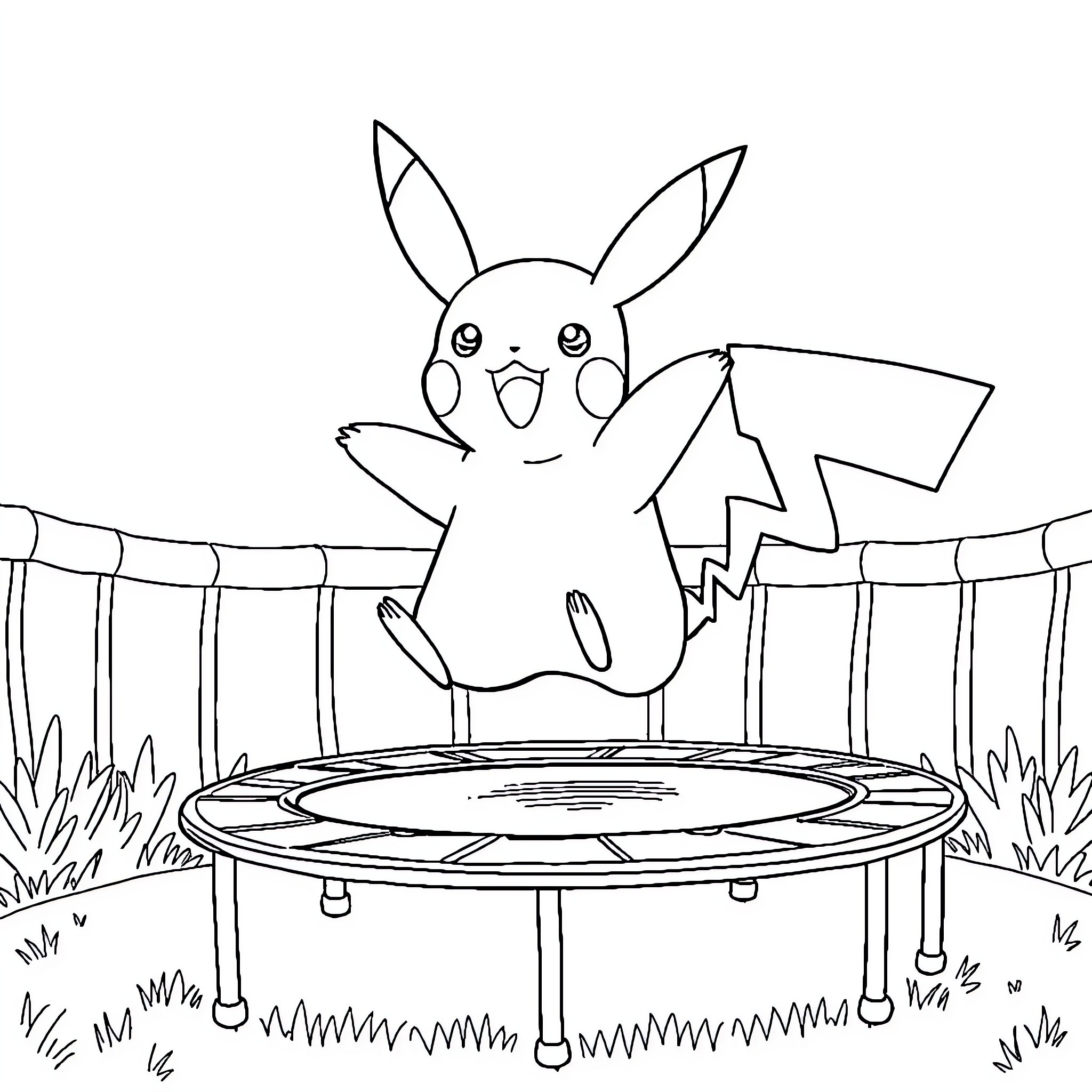 Pikachu jumping excitedly on a trampoline Coloring Page (free black-and-white line drawing printable PDF for all, from beginners to advanced learners, including children, teens, adults, and seniors)