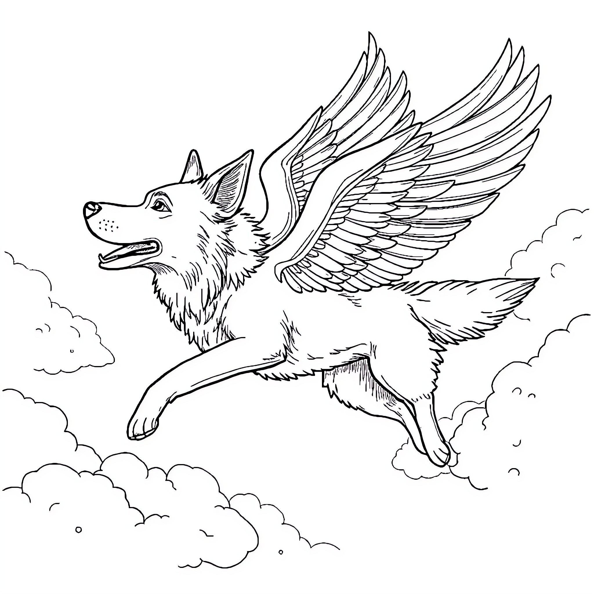 Dog with wings soaring through the clouds Coloring Page (free black-and-white line drawing printable PDF for all, from beginners to advanced learners, including children, teens, adults, and seniors)