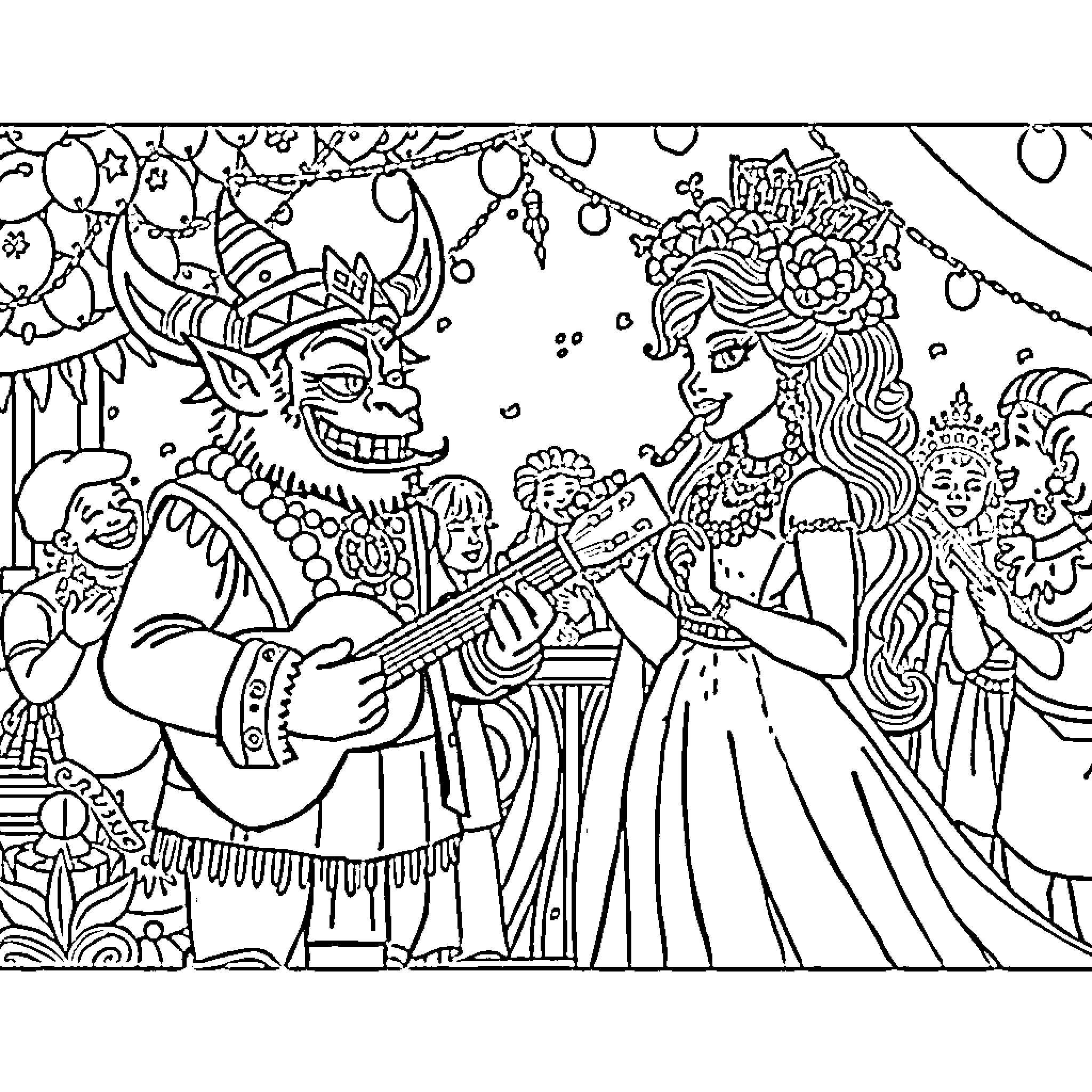 Orc celebrating with intricate dance and music Coloring Page (free black-and-white line drawing printable PDF for all, from beginners to advanced learners, including children, teens, adults, and seniors)