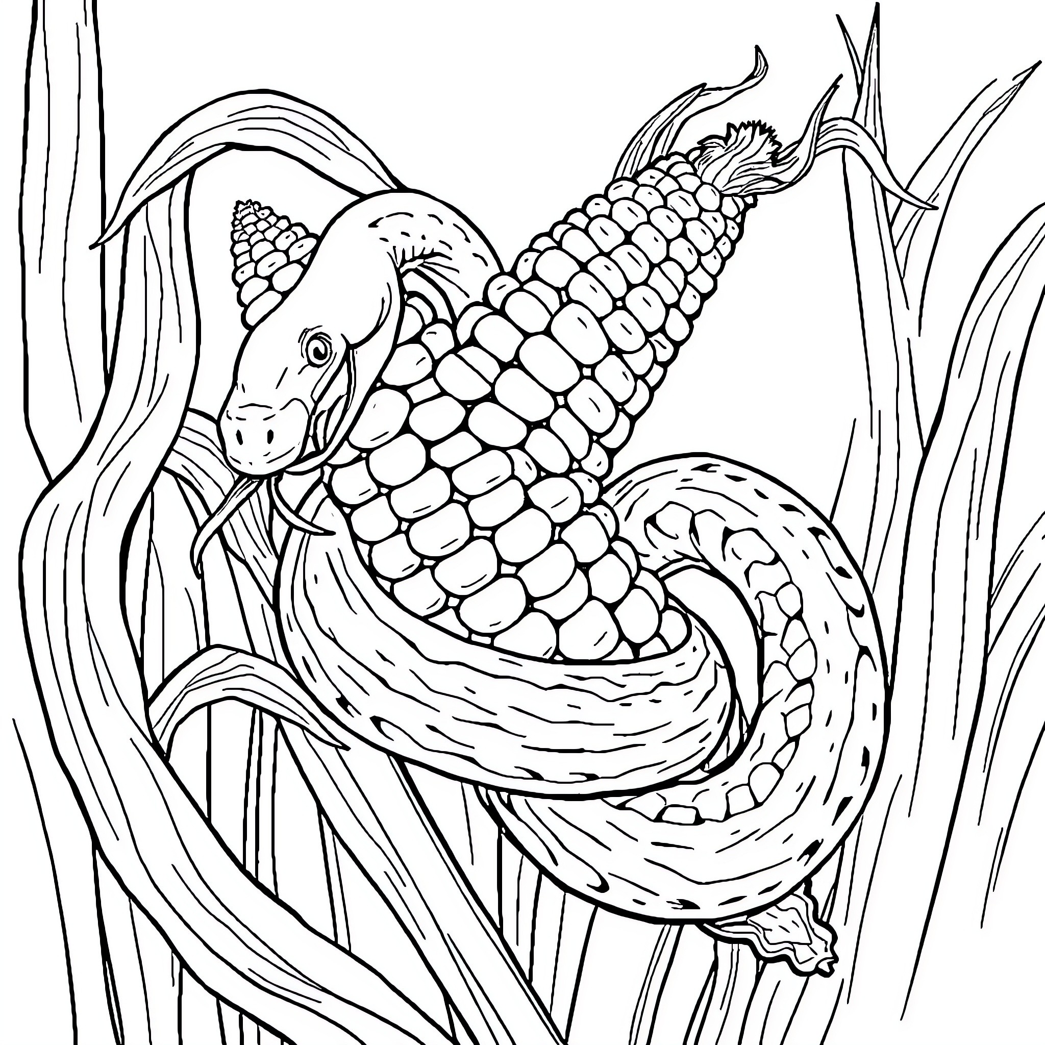 Snake coiled in grass with detailed scales Coloring Page (free black-and-white line drawing printable PDF for all, from beginners to advanced learners, including children, teens, adults, and seniors)