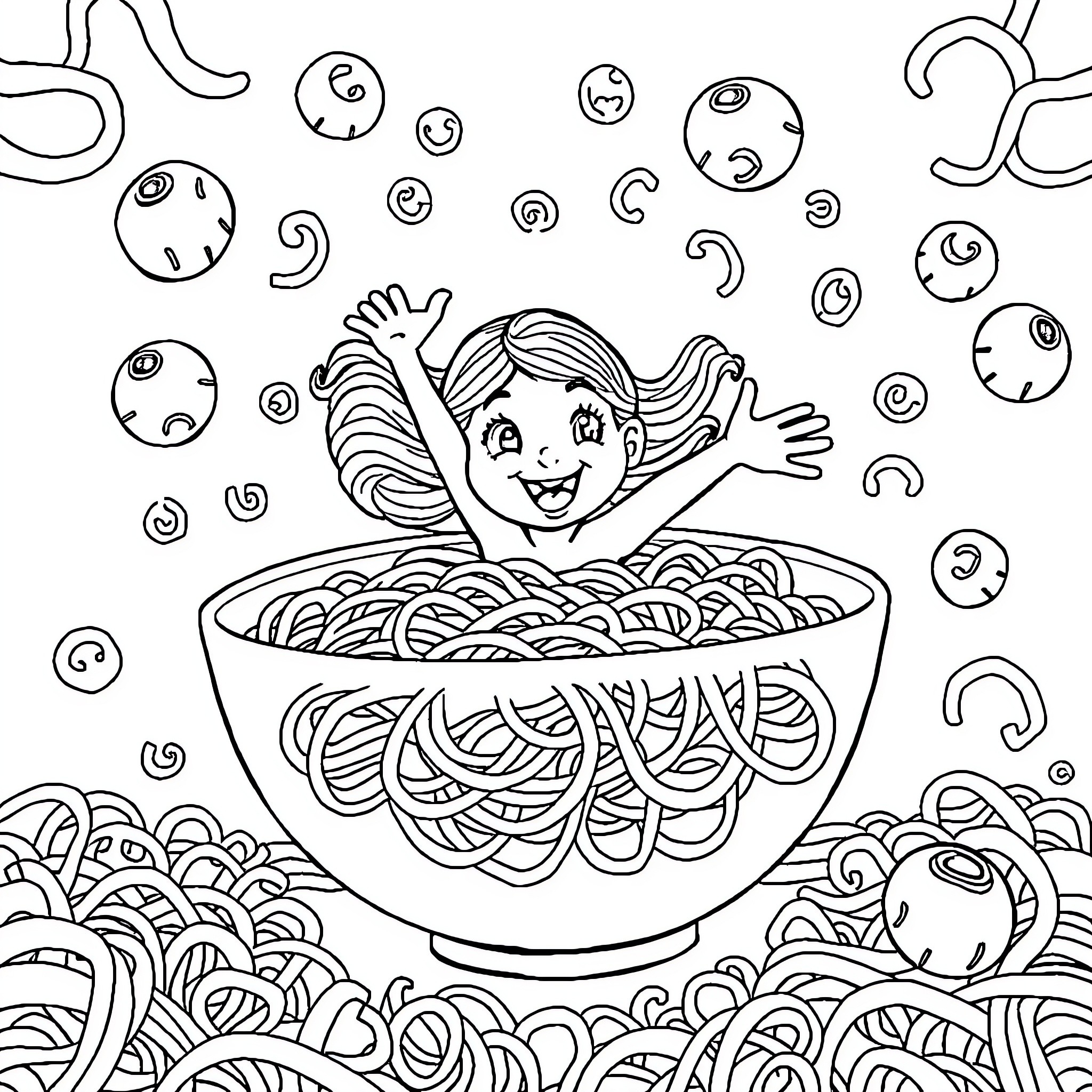 Girl Joyfully Playing in a Bowl of Spaghetti Coloring Page (free black-and-white line drawing printable PDF for all, from beginners to advanced learners, including children, teens, adults, and seniors)