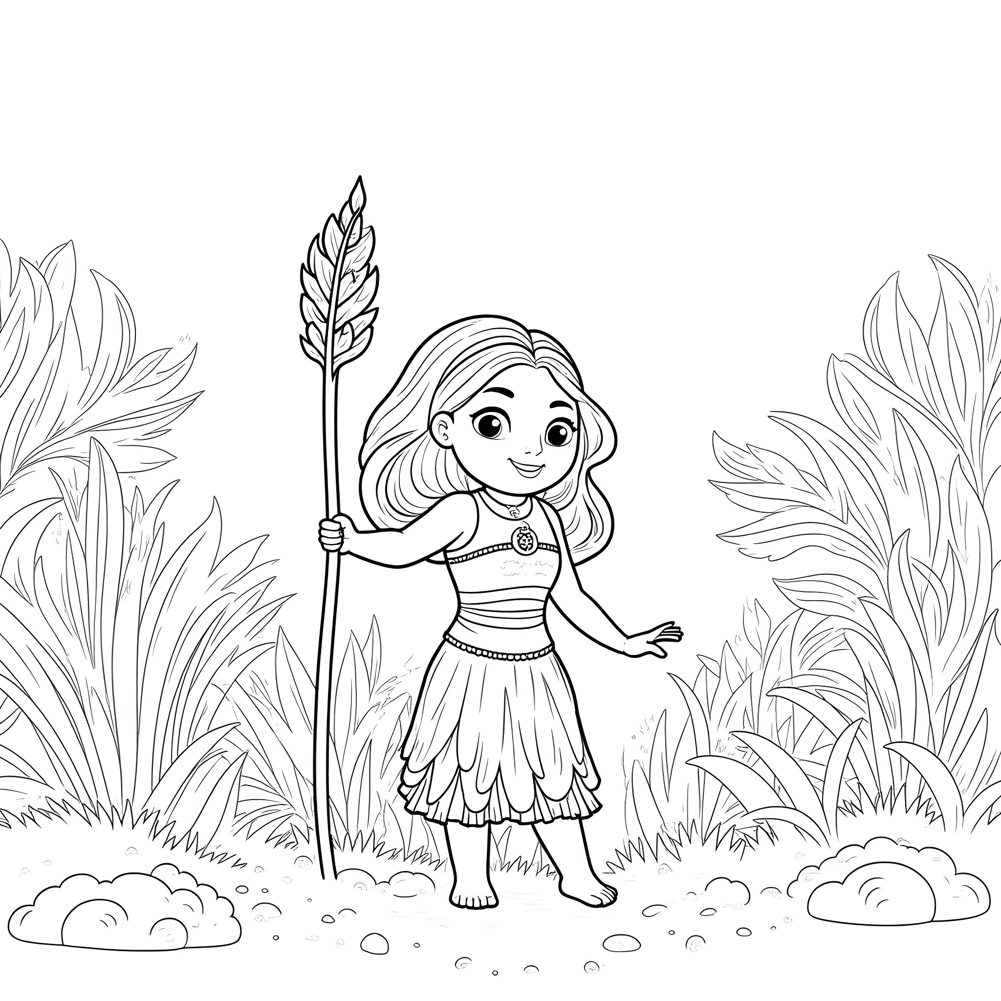 Moana exploring the island with her staff Coloring Page (free black-and-white line drawing printable PDF for all, from beginners to advanced learners, including children, teens, adults, and seniors)