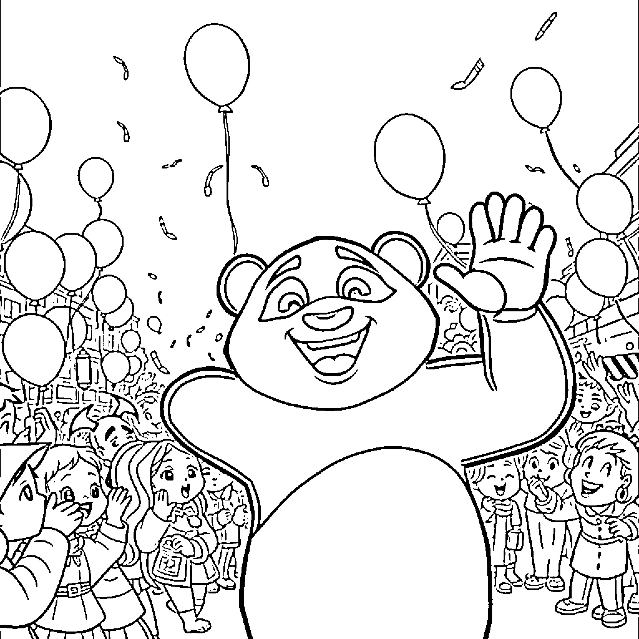 Kung Fu Panda celebrates with festive balloons and people Coloring Page (free black-and-white line drawing printable PDF for all, from beginners to advanced learners, including children, teens, adults, and seniors)
