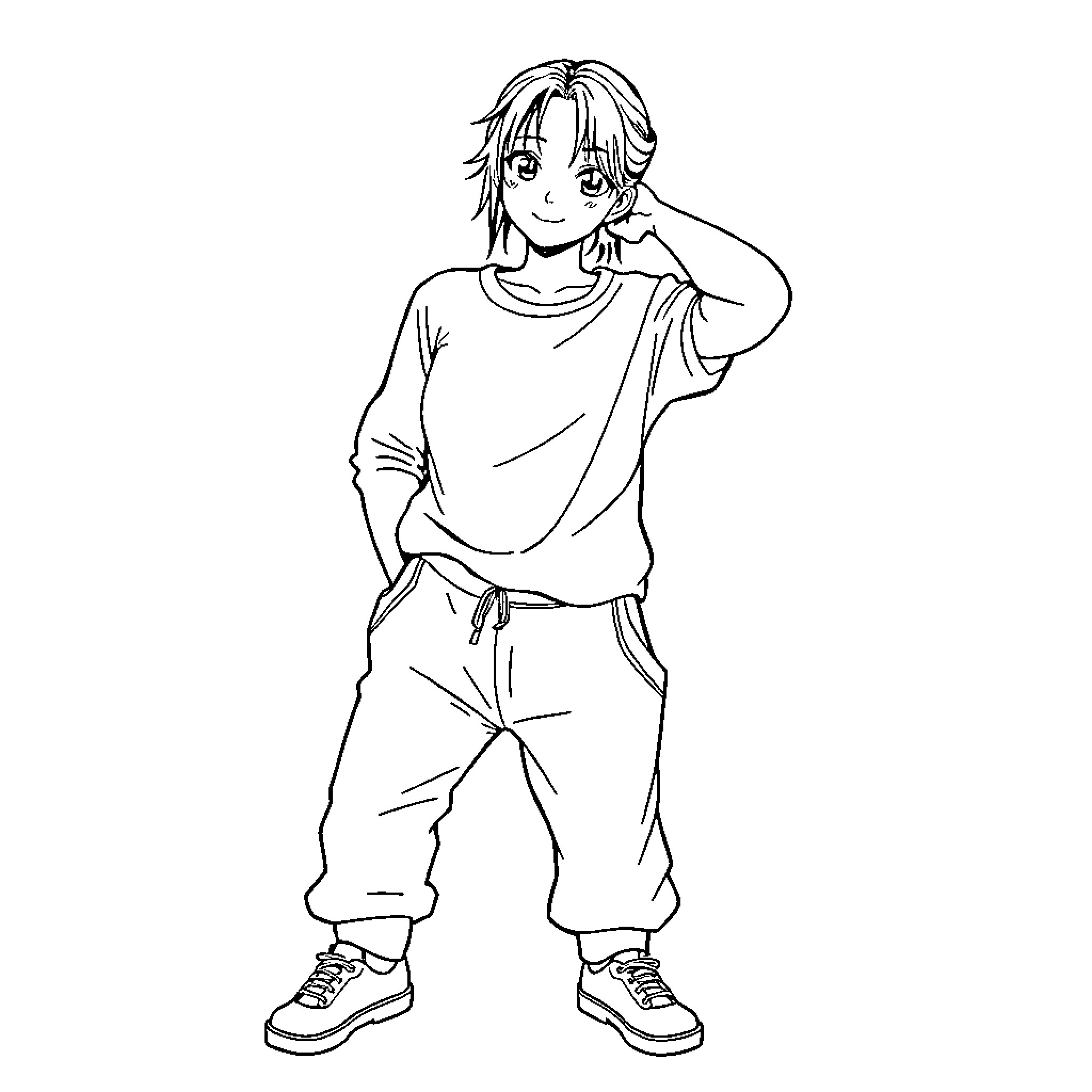 Rindo Haitani standing casually with relaxed pose Coloring Page (free black-and-white line drawing printable PDF for all, from beginners to advanced learners, including children, teens, adults, and seniors)