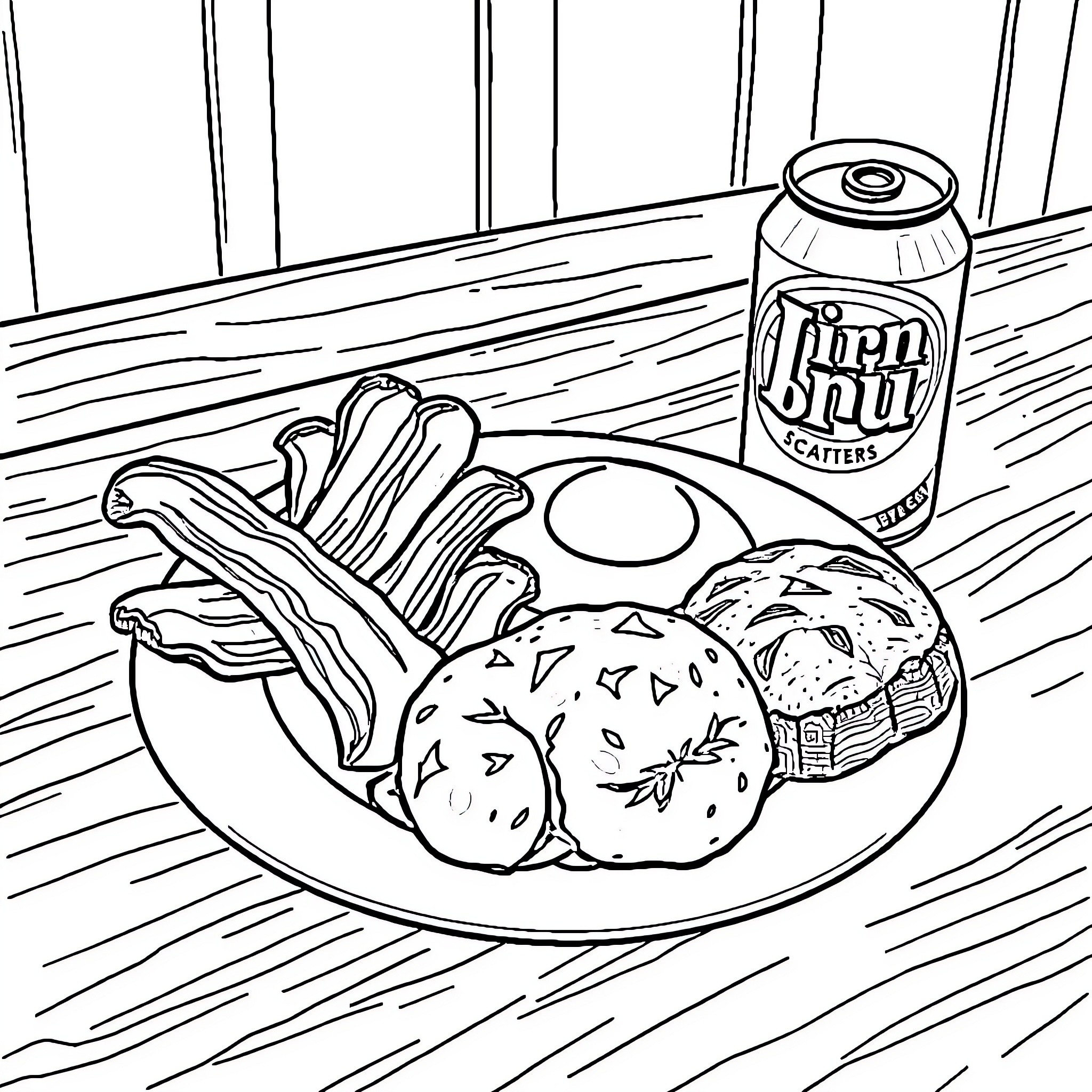 Breakfast Spread with Tasty Treats Coloring Page (free black-and-white line drawing printable PDF for all, from beginners to advanced learners, including children, teens, adults, and seniors)