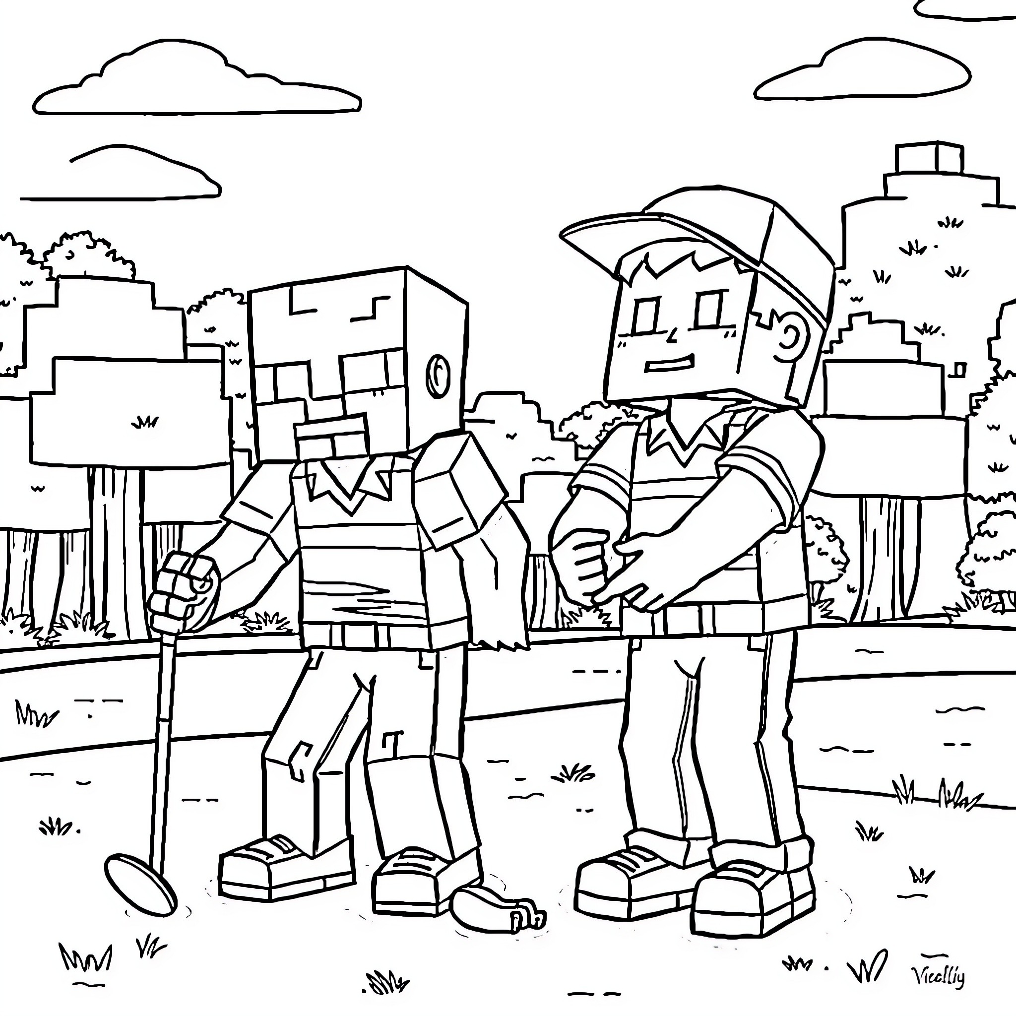 Minecraft Character Standing in a Town Coloring Page (free black-and-white line drawing printable PDF for all, from beginners to advanced learners, including children, teens, adults, and seniors)