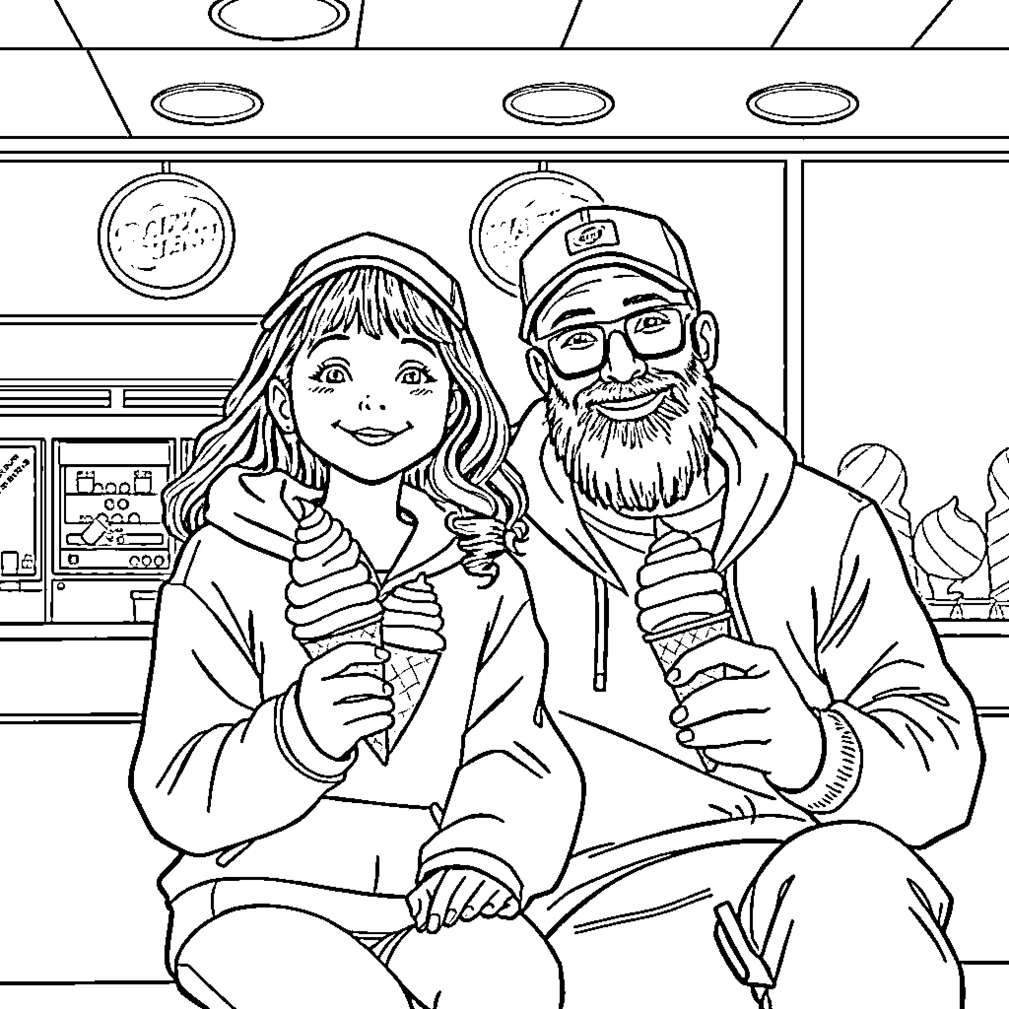 Girl and Man Enjoying Ice Cream Together Coloring Page (free black-and-white line drawing printable PDF for all, from beginners to advanced learners, including children, teens, adults, and seniors)