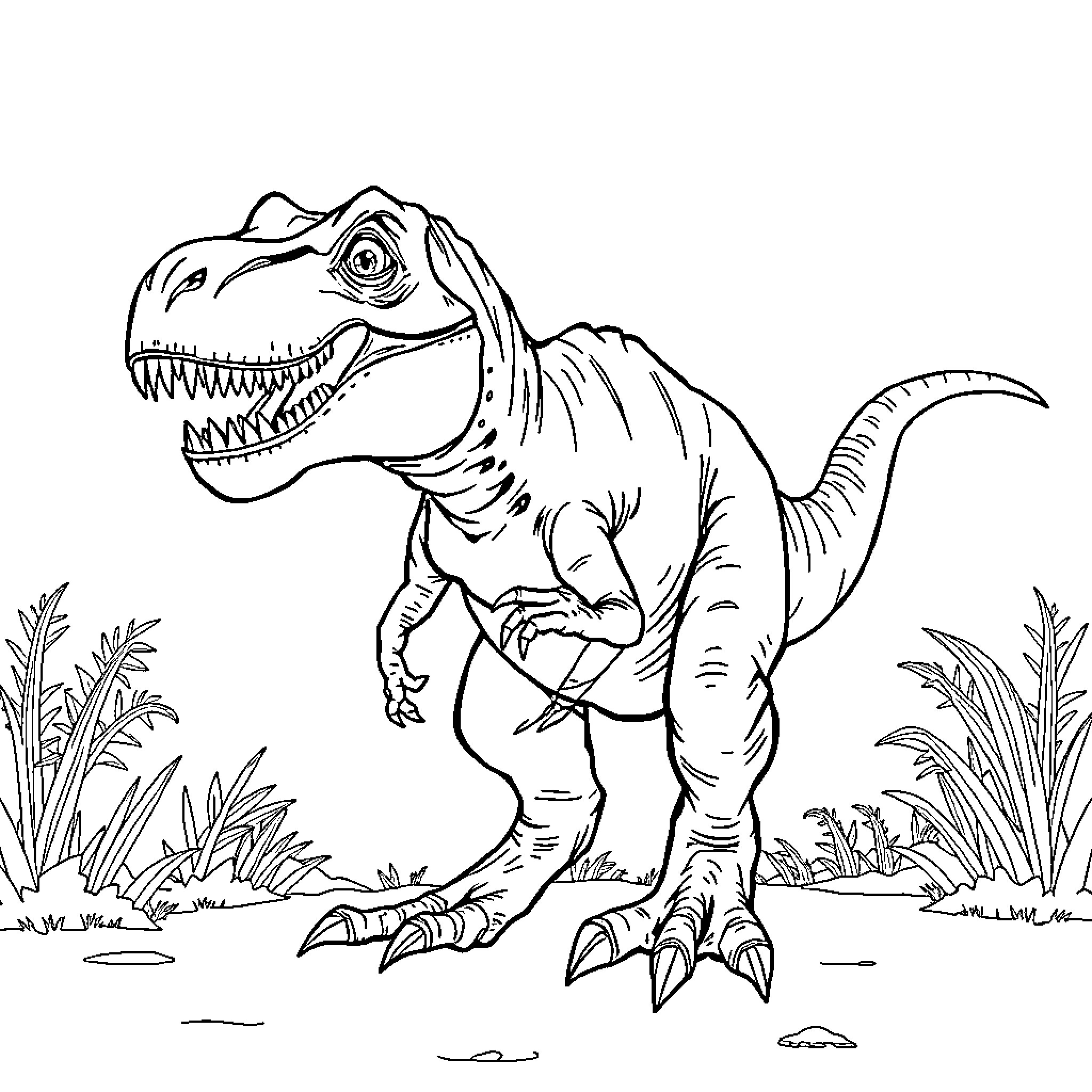 Indominus Rex Dinosaur in Prehistoric Landscape Coloring Page (free black-and-white line drawing printable PDF for all, from beginners to advanced learners, including children, teens, adults, and seniors)