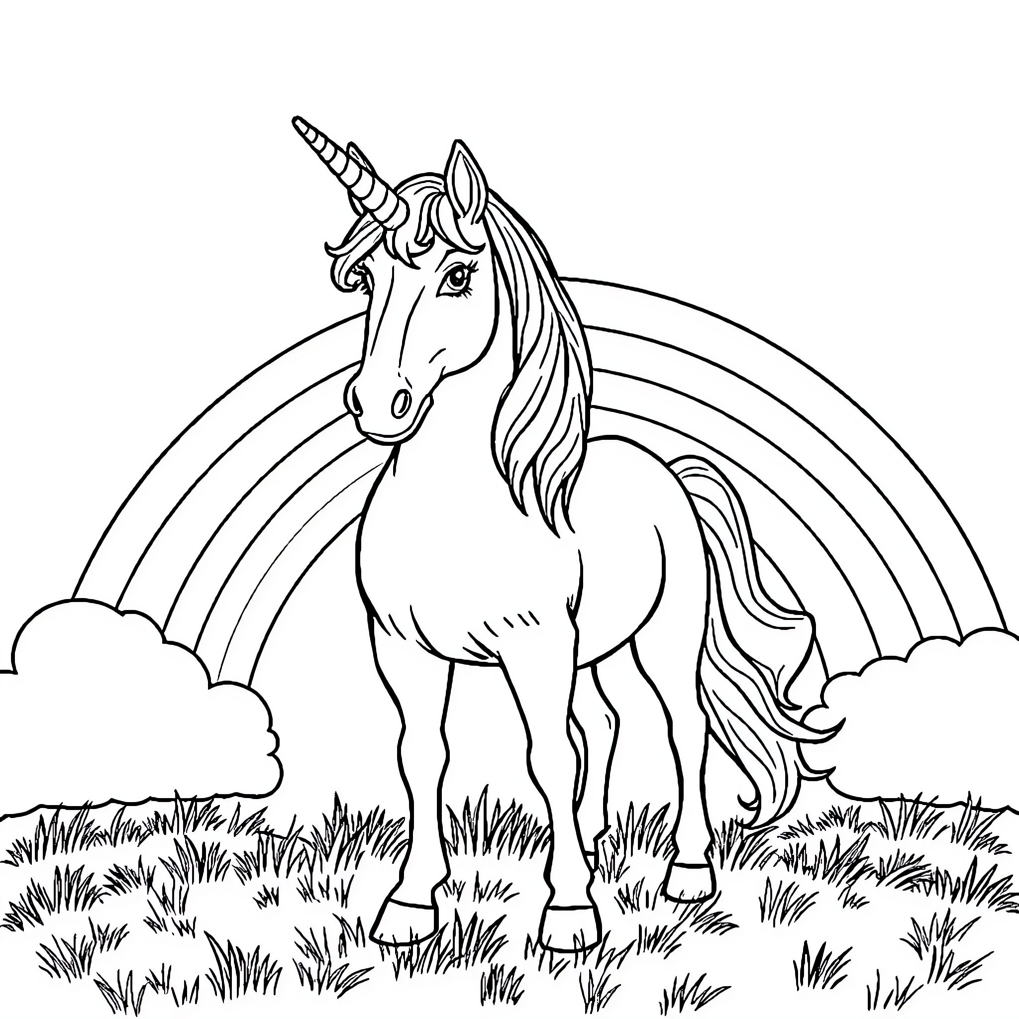 Unicorn standing proudly in the meadow Coloring Page (free black-and-white line drawing printable PDF for all, from beginners to advanced learners, including children, teens, adults, and seniors)