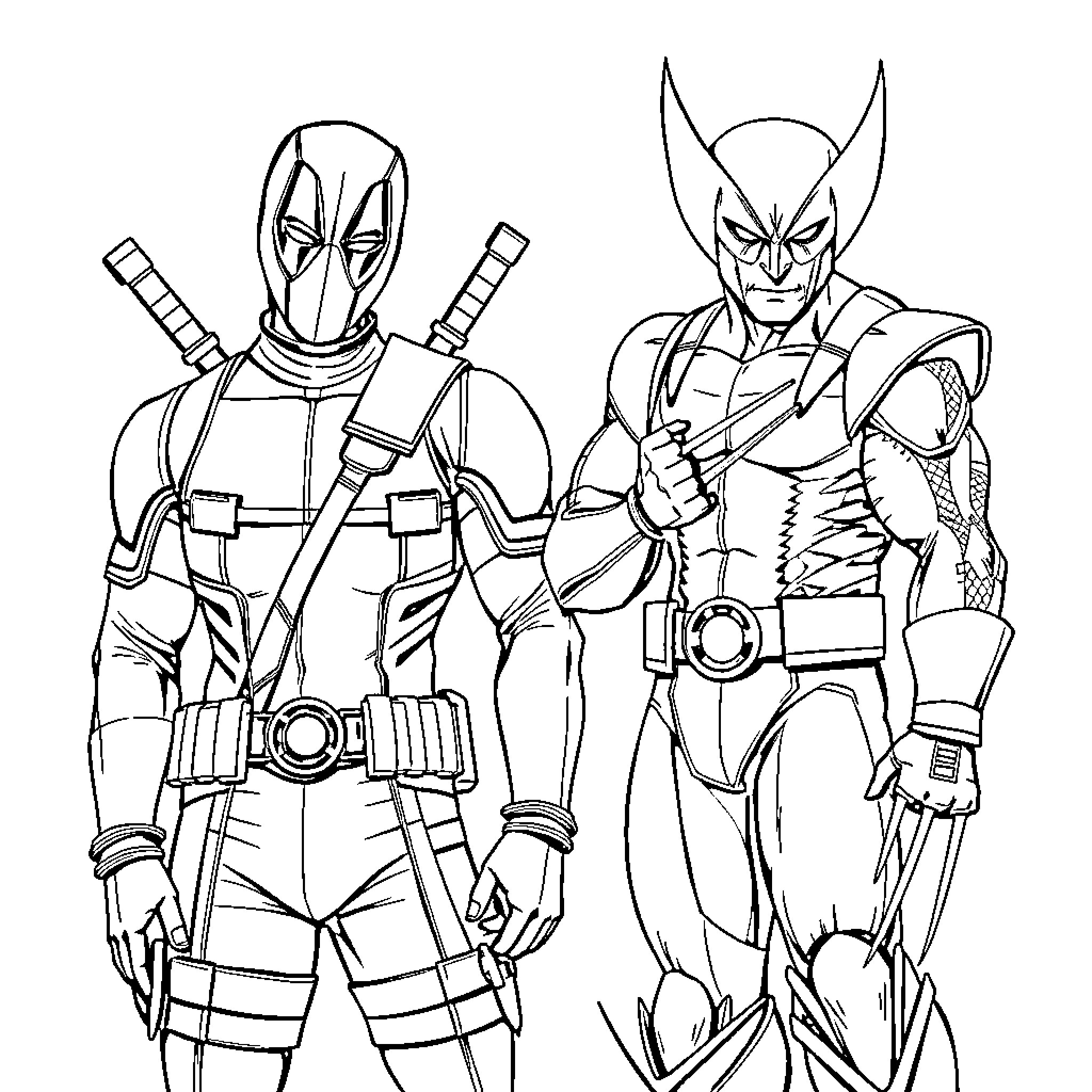 Deadpool and Wolverine in action poses Coloring Page (free black-and-white line drawing printable PDF for all, from beginners to advanced learners, including children, teens, adults, and seniors)