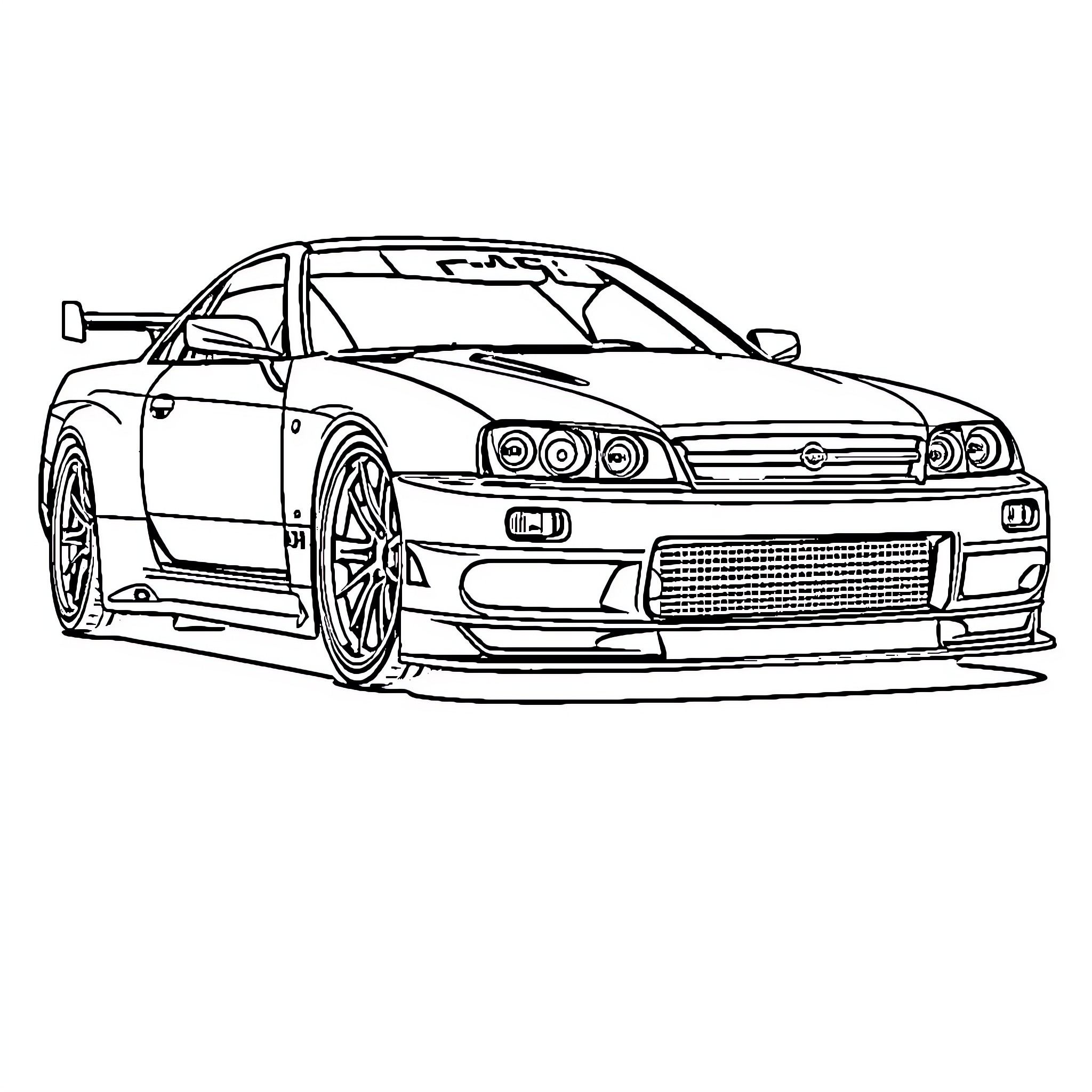 Nissan sports car with racing modifications Coloring Page (free black-and-white line drawing printable PDF for all, from beginners to advanced learners, including children, teens, adults, and seniors)