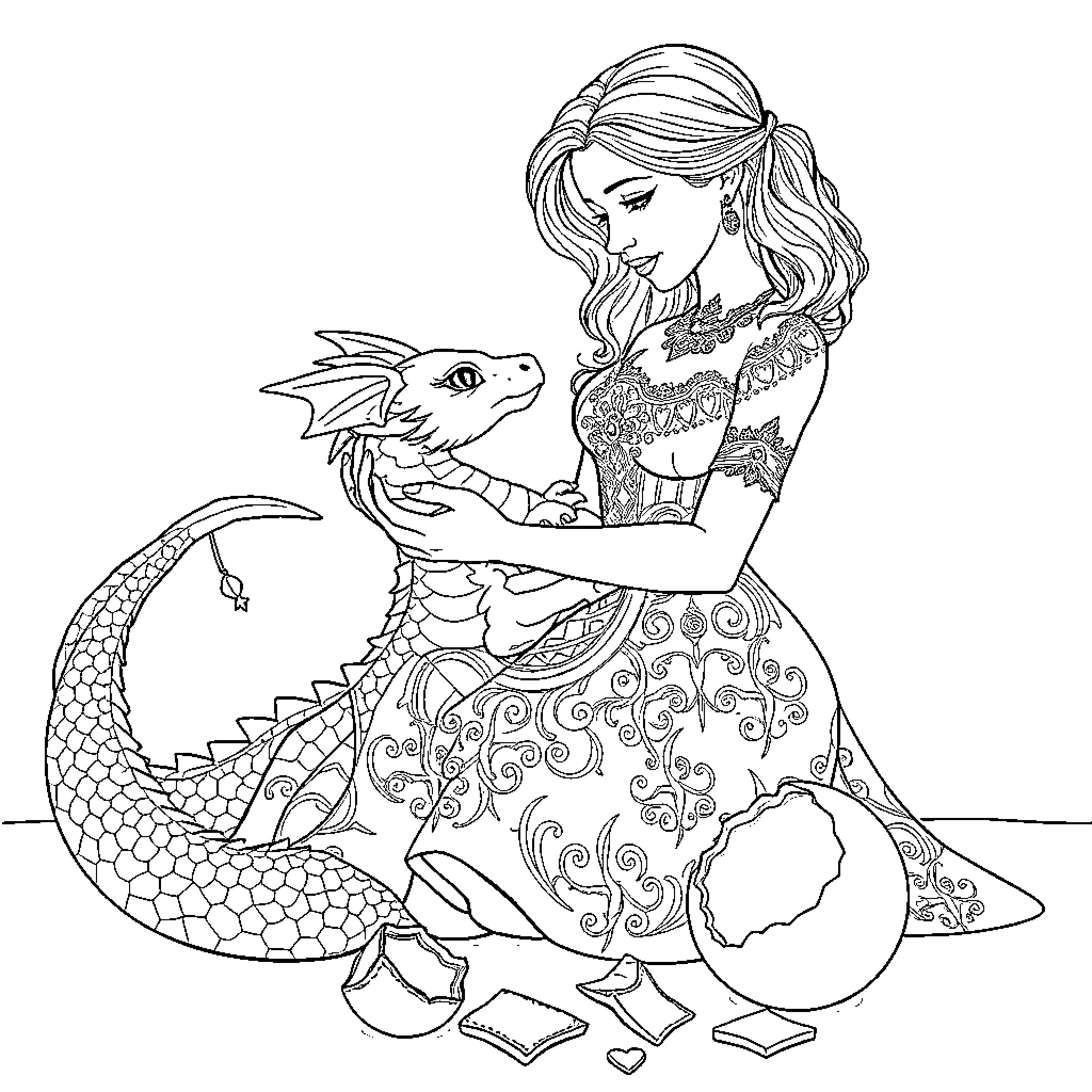 Woman with fantastical creature in ornate dress Coloring Page (free black-and-white line drawing printable PDF for all, from beginners to advanced learners, including children, teens, adults, and seniors)