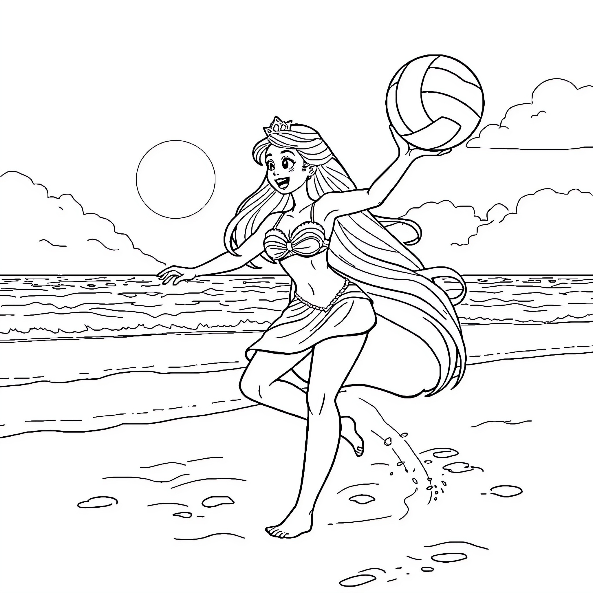 Princess playing volleyball by the sea Coloring Page (free black-and-white line drawing printable PDF for all, from beginners to advanced learners, including children, teens, adults, and seniors)