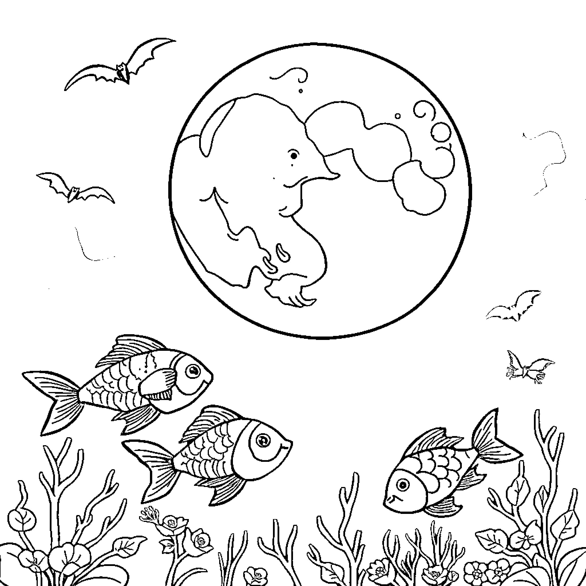 Moon shining on underwater scene with fish and bats Coloring Page (free black-and-white line drawing printable PDF for all, from beginners to advanced learners, including children, teens, adults, and seniors)