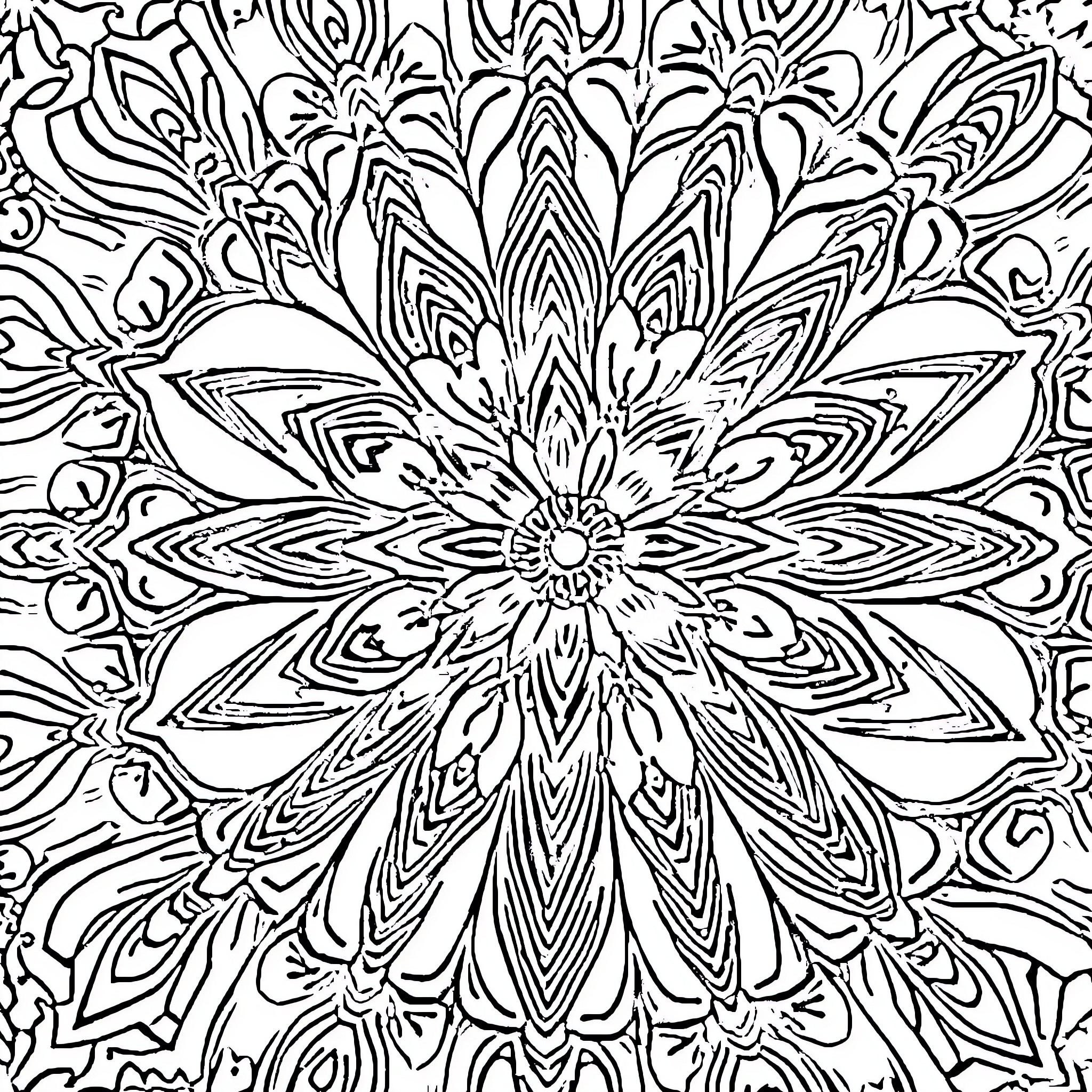 Mandala of intricate floral patterns Coloring Page (free black-and-white line drawing printable PDF for all, from beginners to advanced learners, including children, teens, adults, and seniors)