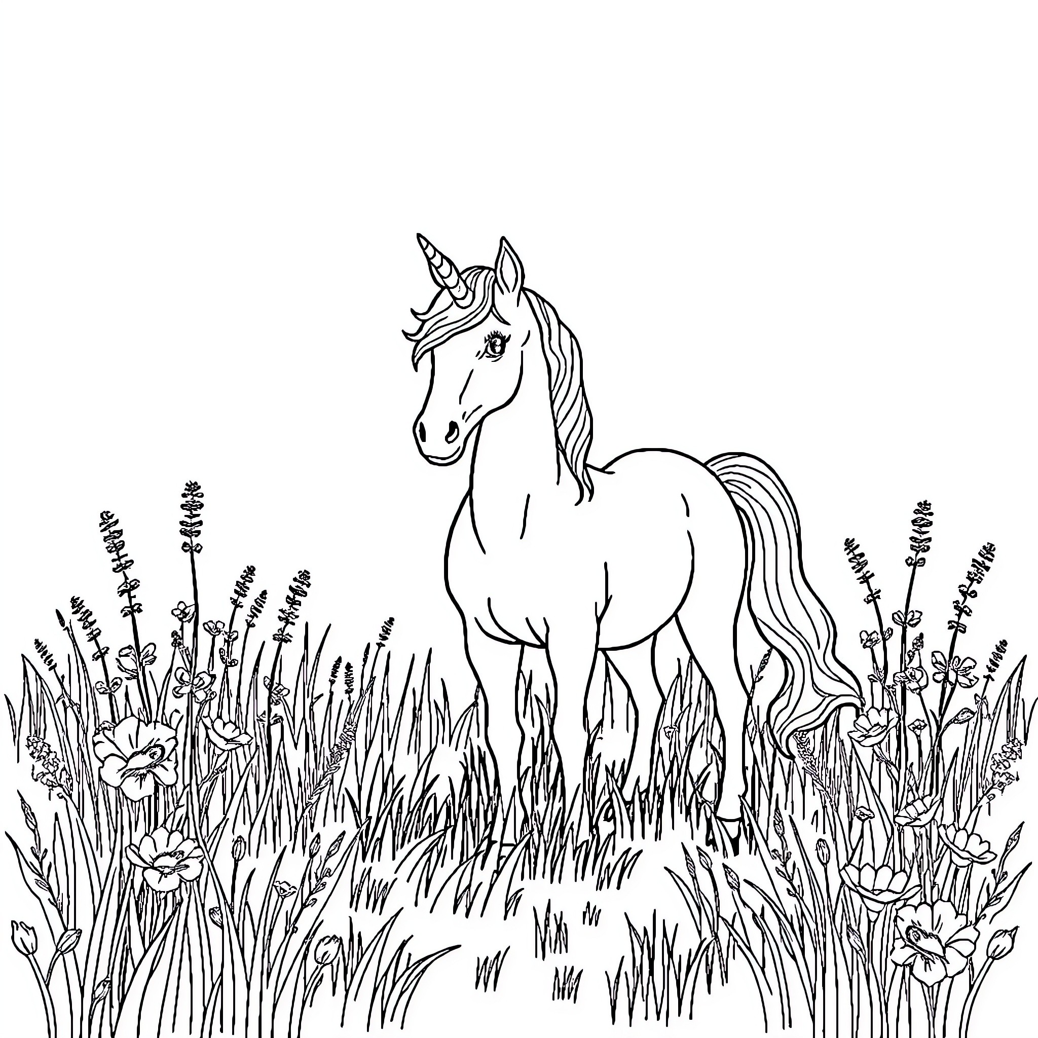 Unicorn standing in a floral meadow Coloring Page (free black-and-white line drawing printable PDF for all, from beginners to advanced learners, including children, teens, adults, and seniors)