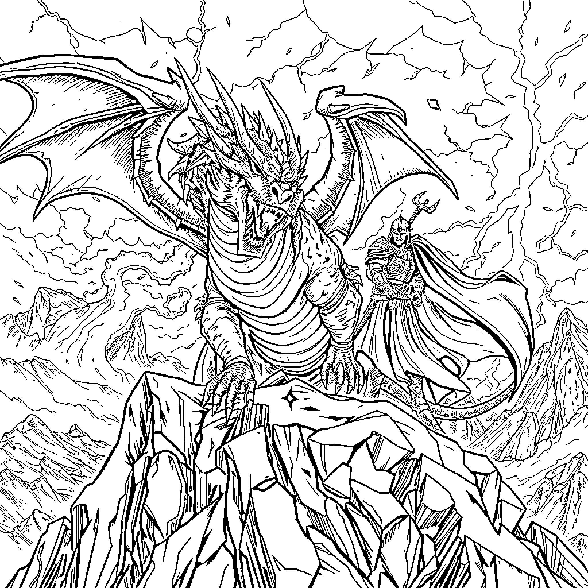 Dragon warrior battling a ferocious dragon in a stormy landscape Coloring Page (free black-and-white line drawing printable PDF for all, from beginners to advanced learners, including children, teens, adults, and seniors)