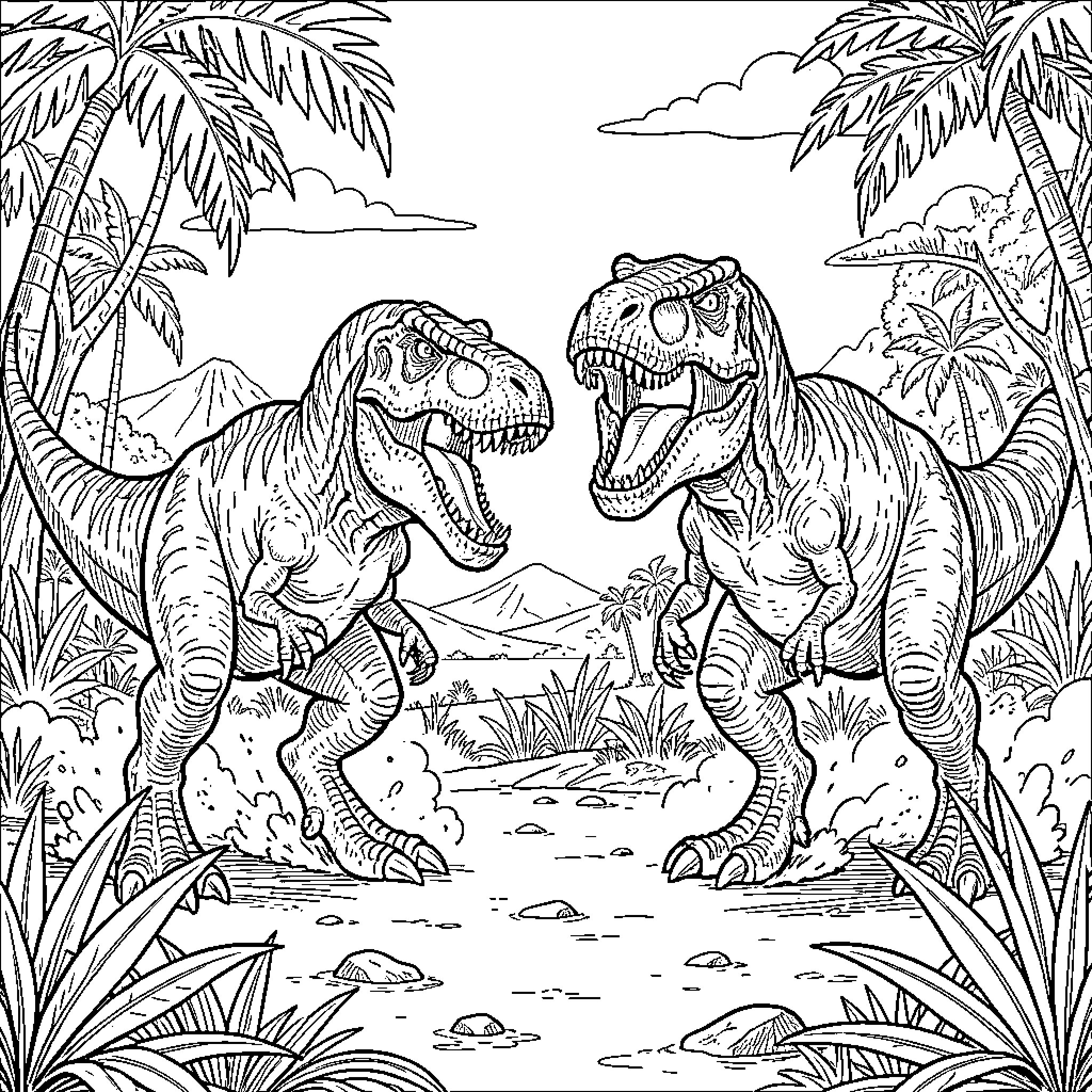 Dinosaur encounter in a prehistoric tropical jungle Coloring Page (free black-and-white line drawing printable PDF for all, from beginners to advanced learners, including children, teens, adults, and seniors)