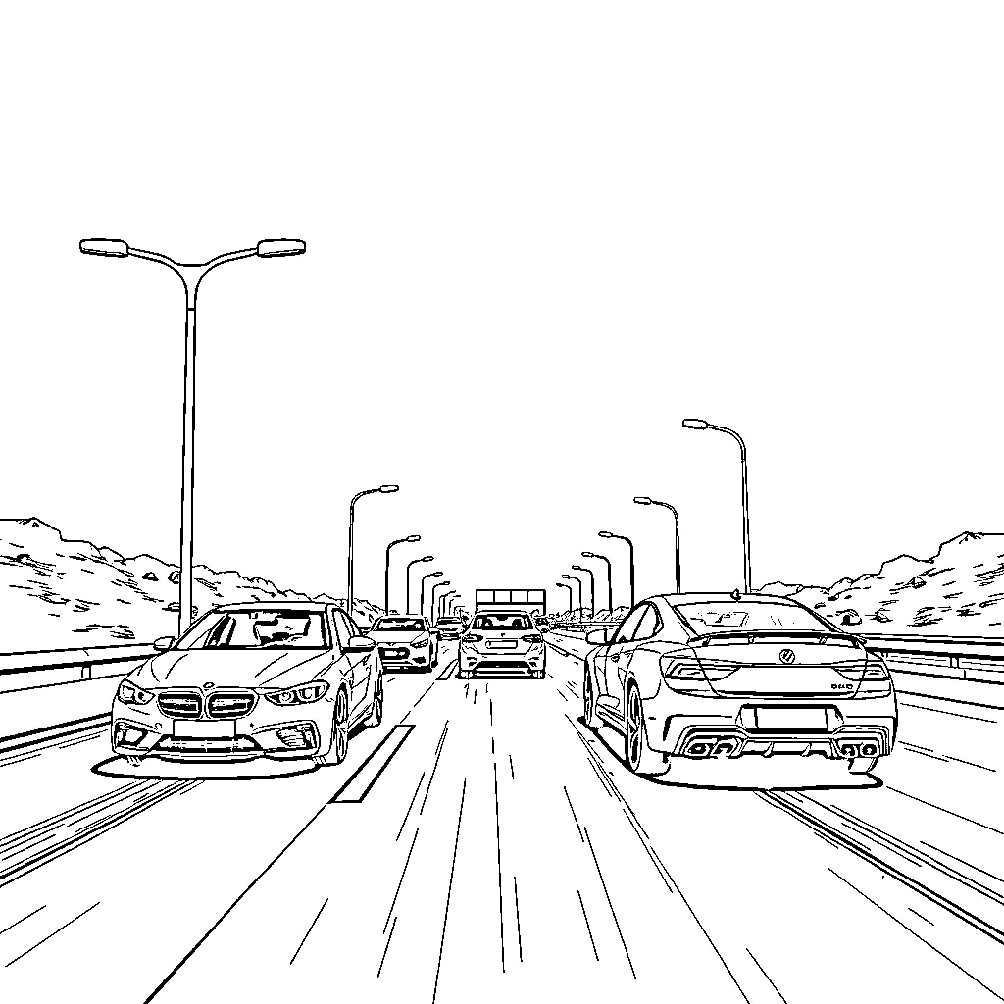 Cars speeding along busy highway in city Coloring Page (free black-and-white line drawing printable PDF for all, from beginners to advanced learners, including children, teens, adults, and seniors)