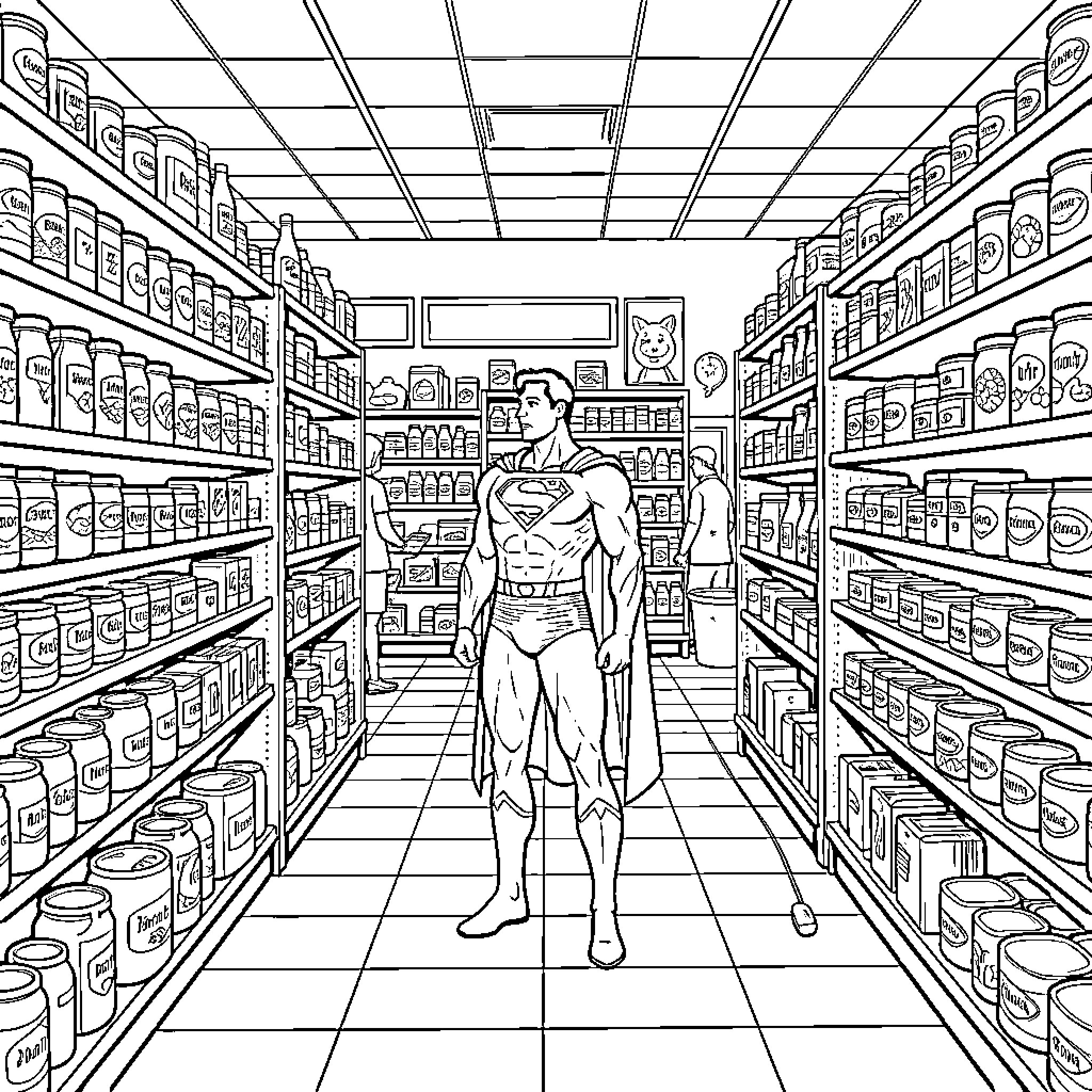 Superman standing heroically inside a grocery store aisle Coloring Page (free black-and-white line drawing printable PDF for all, from beginners to advanced learners, including children, teens, adults, and seniors)