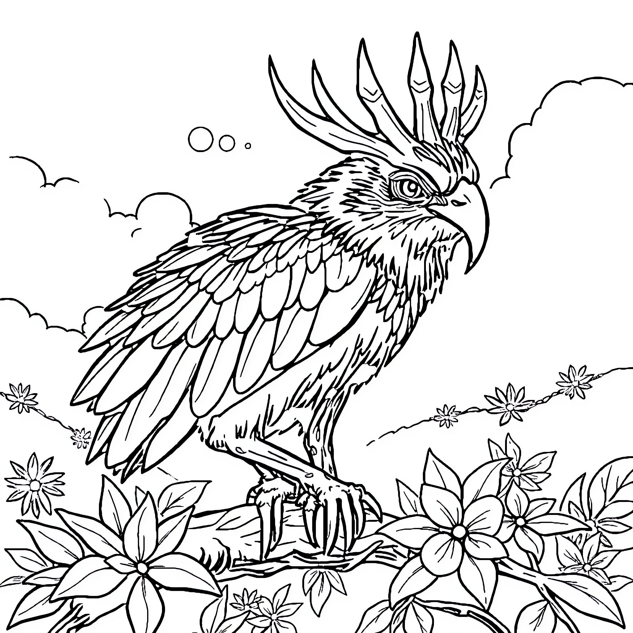 Kereta Api Cockatoo in Floral Wonderland Coloring Page (free black-and-white line drawing printable PDF for all, from beginners to advanced learners, including children, teens, adults, and seniors)