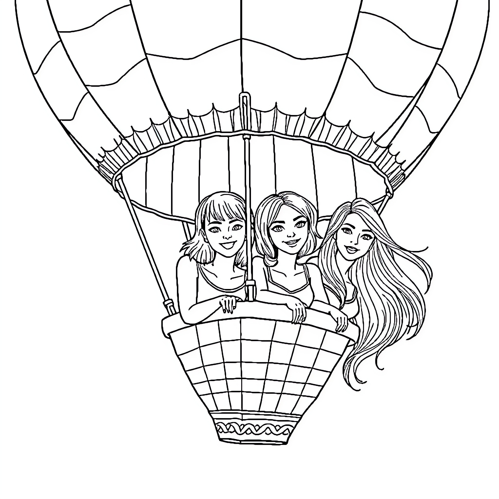 Women riding a hot air balloon in the sky Coloring Page (free black-and-white line drawing printable PDF for all, from beginners to advanced learners, including children, teens, adults, and seniors)