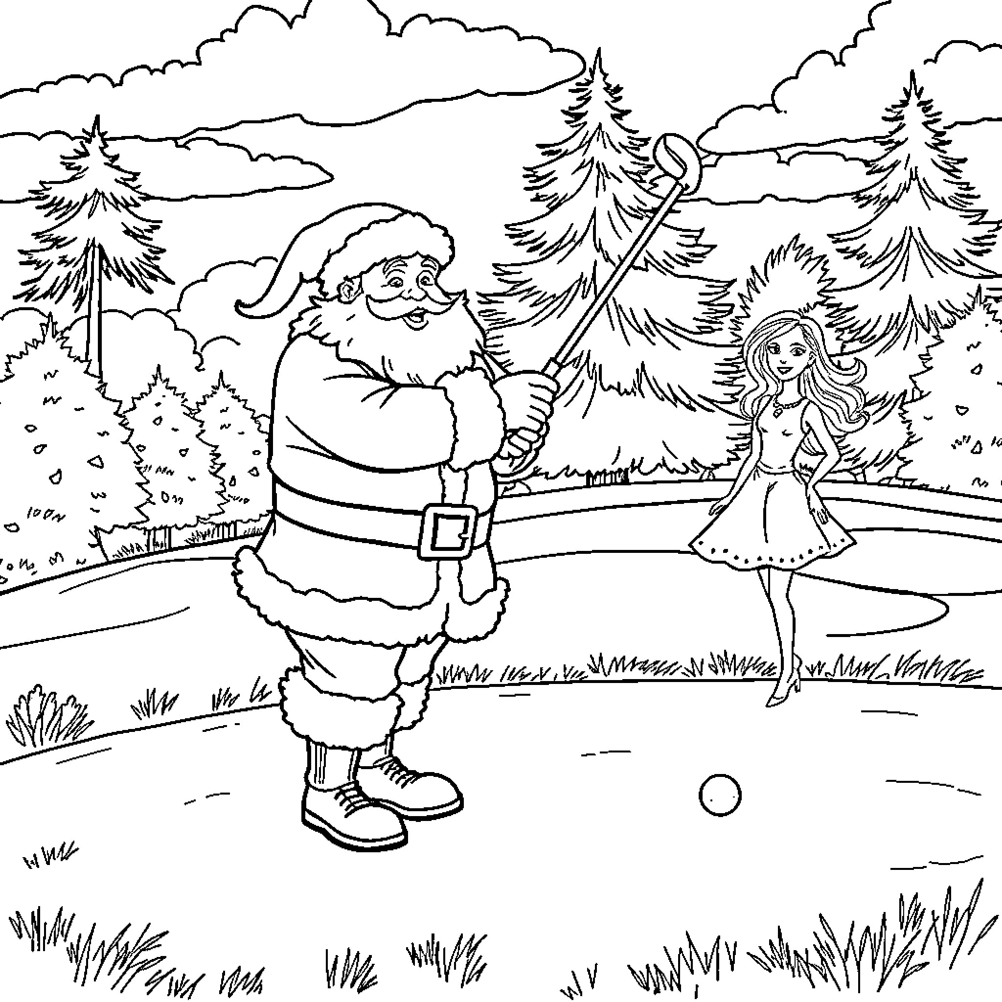 Santa enjoying a winter wonderland with a young girl Coloring Page (free black-and-white line drawing printable PDF for all, from beginners to advanced learners, including children, teens, adults, and seniors)