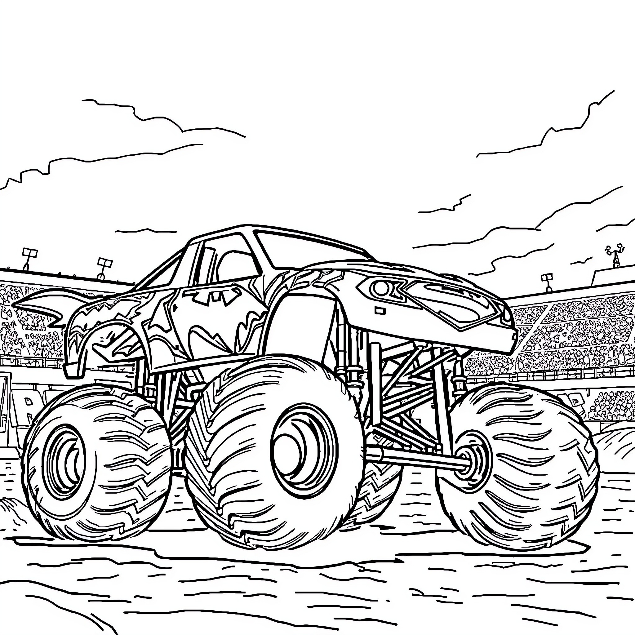 Monster Truck performing stunts in an arena Coloring Page (free black-and-white line drawing printable PDF for all, from beginners to advanced learners, including children, teens, adults, and seniors)