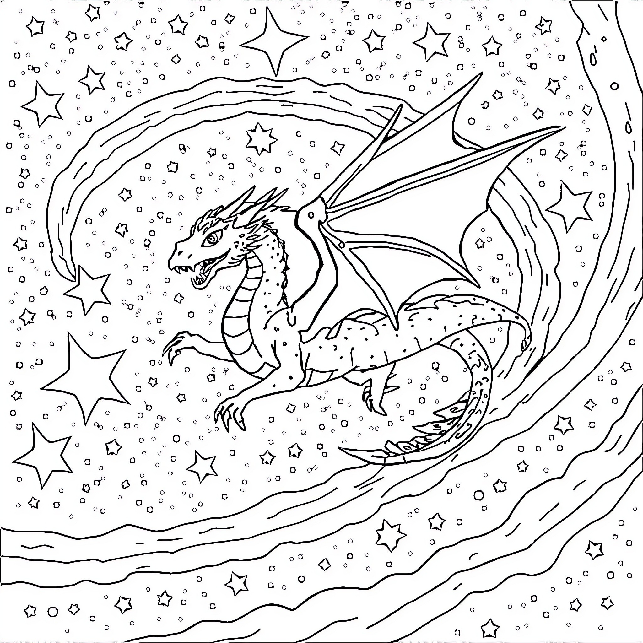 Dragon soaring through the starry night sky Coloring Page (free black-and-white line drawing printable PDF for all, from beginners to advanced learners, including children, teens, adults, and seniors)