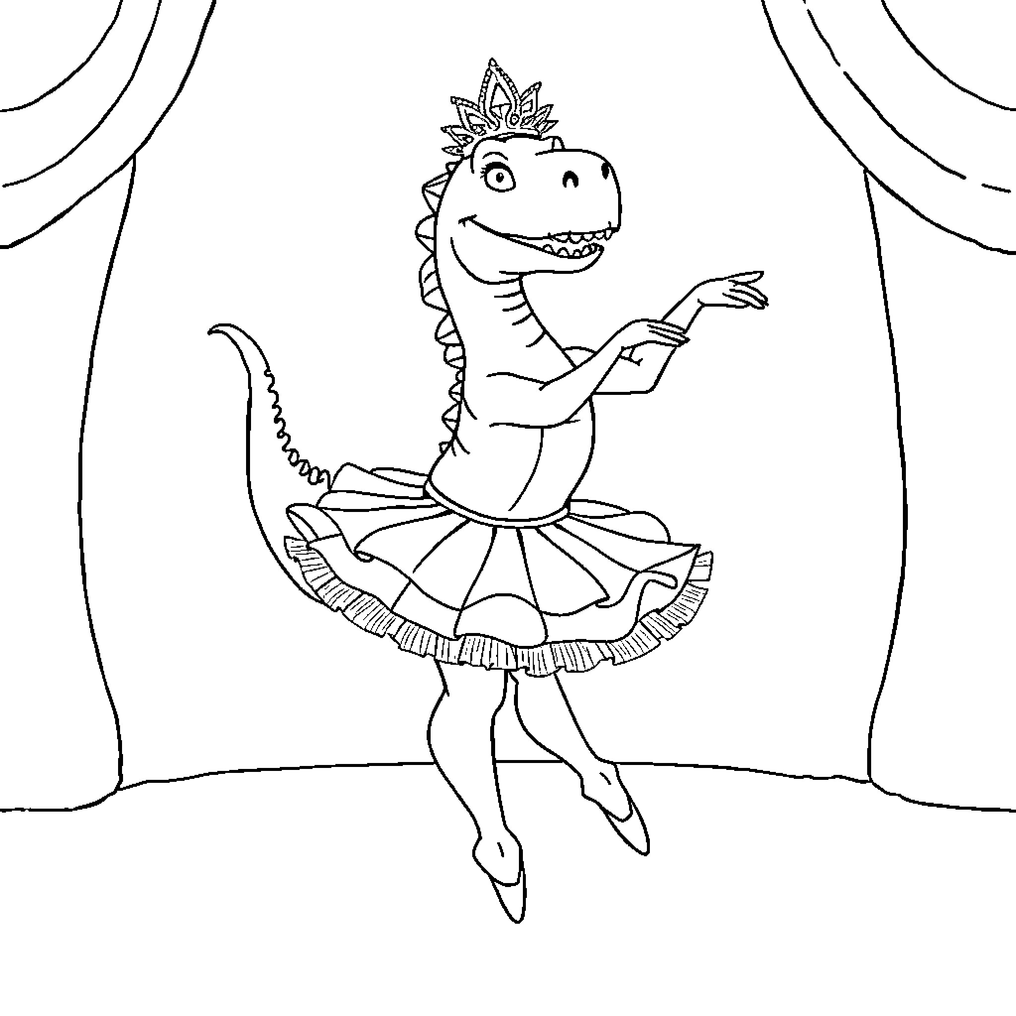 Dinosaur ballerina dancing on stage Coloring Page (free black-and-white line drawing printable PDF for all, from beginners to advanced learners, including children, teens, adults, and seniors)