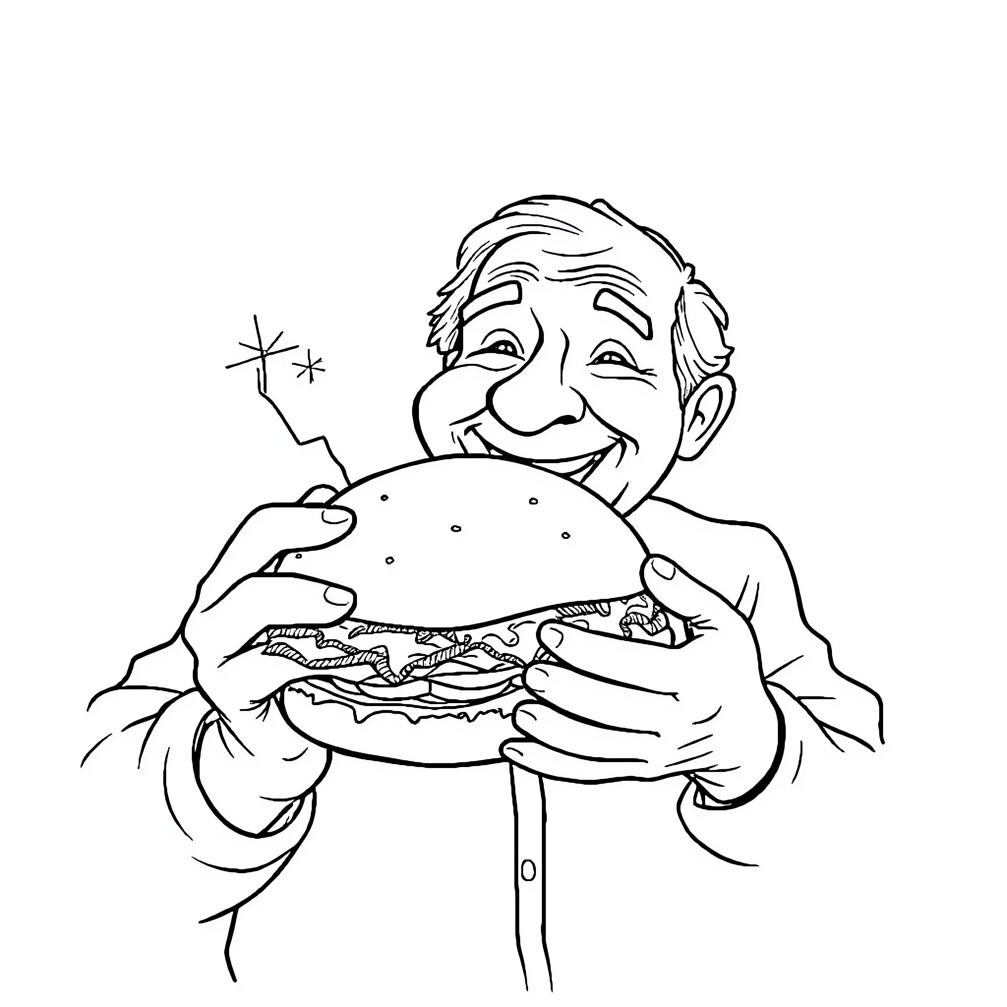Elder Enjoying a Tasty Burger Coloring Page (free black-and-white line drawing printable PDF for all, from beginners to advanced learners, including children, teens, adults, and seniors)