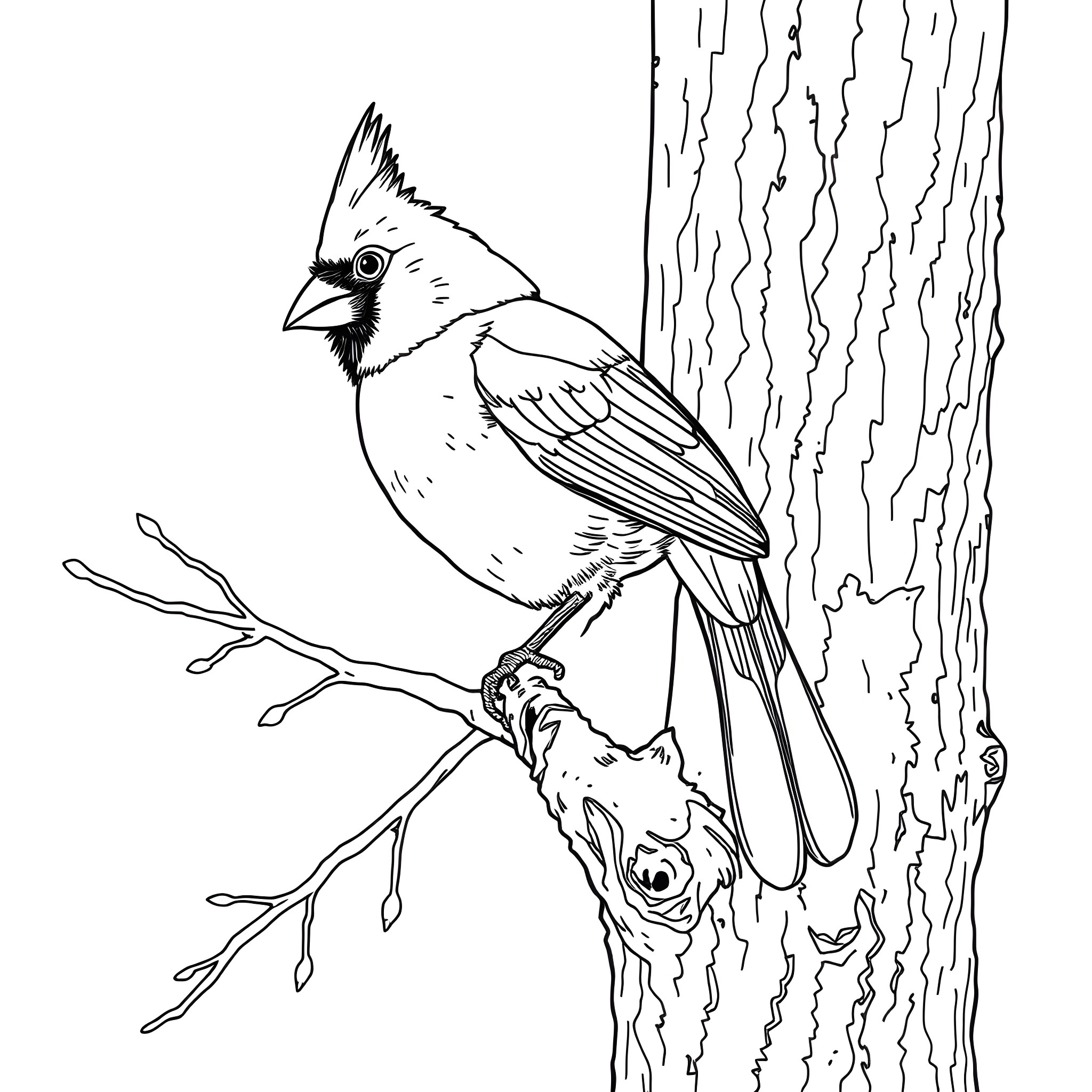 Northern Cardinal perched on tree branch Coloring Page (free black-and-white line drawing printable PDF for all, from beginners to advanced learners, including children, teens, adults, and seniors)