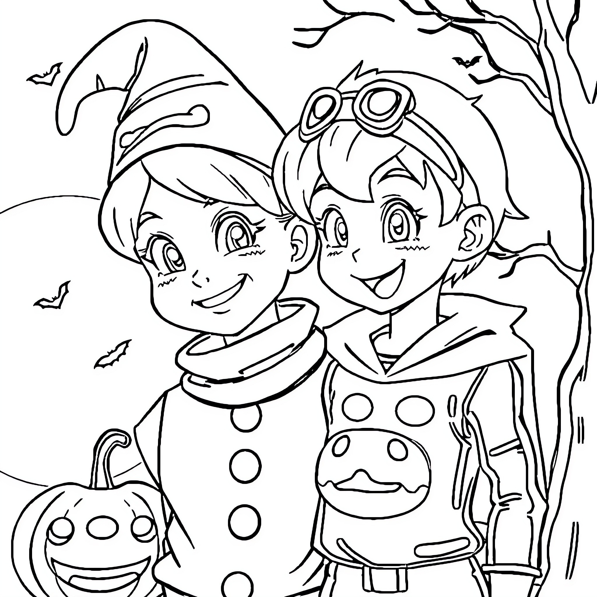 Bulma and Friend in Spooky Halloween Scene Coloring Page (free black-and-white line drawing printable PDF for all, from beginners to advanced learners, including children, teens, adults, and seniors)