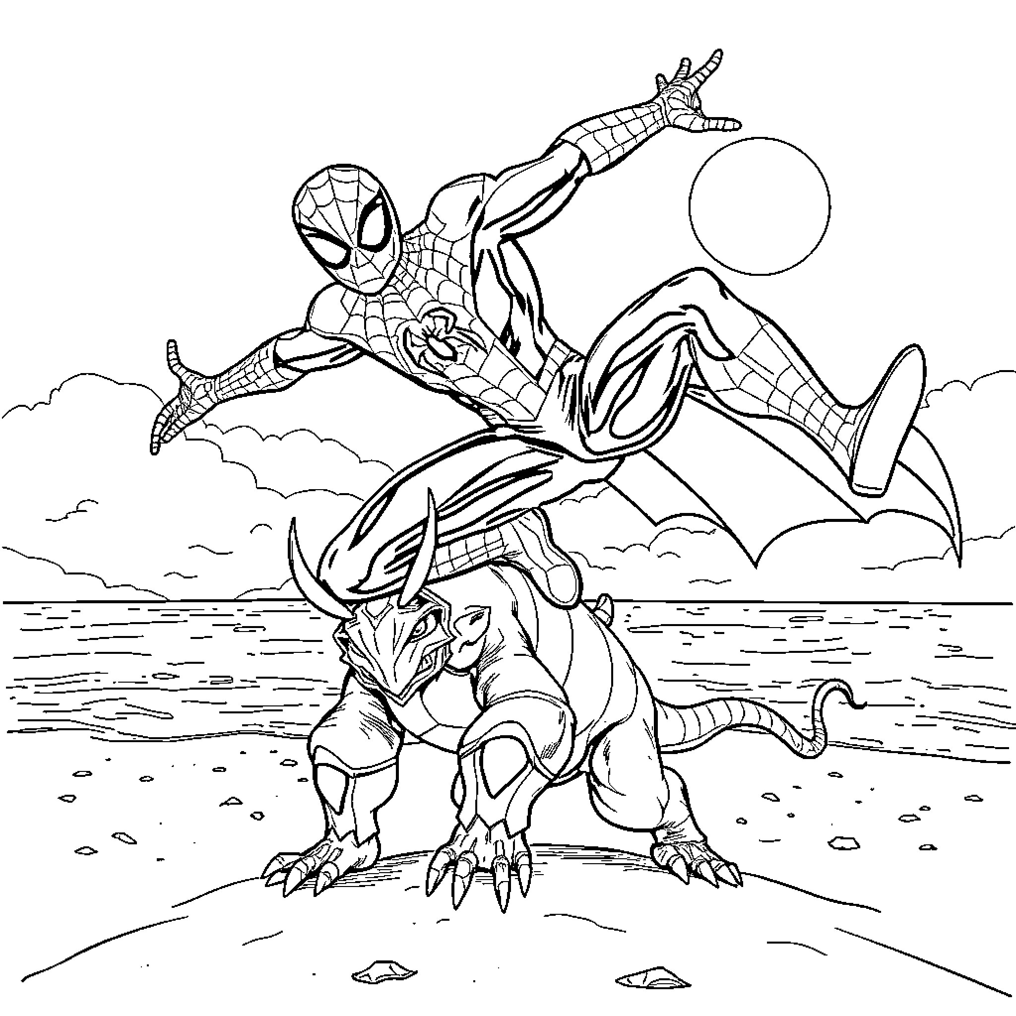 Spiderman battling a giant dinosaur Coloring Page (free black-and-white line drawing printable PDF for all, from beginners to advanced learners, including children, teens, adults, and seniors)