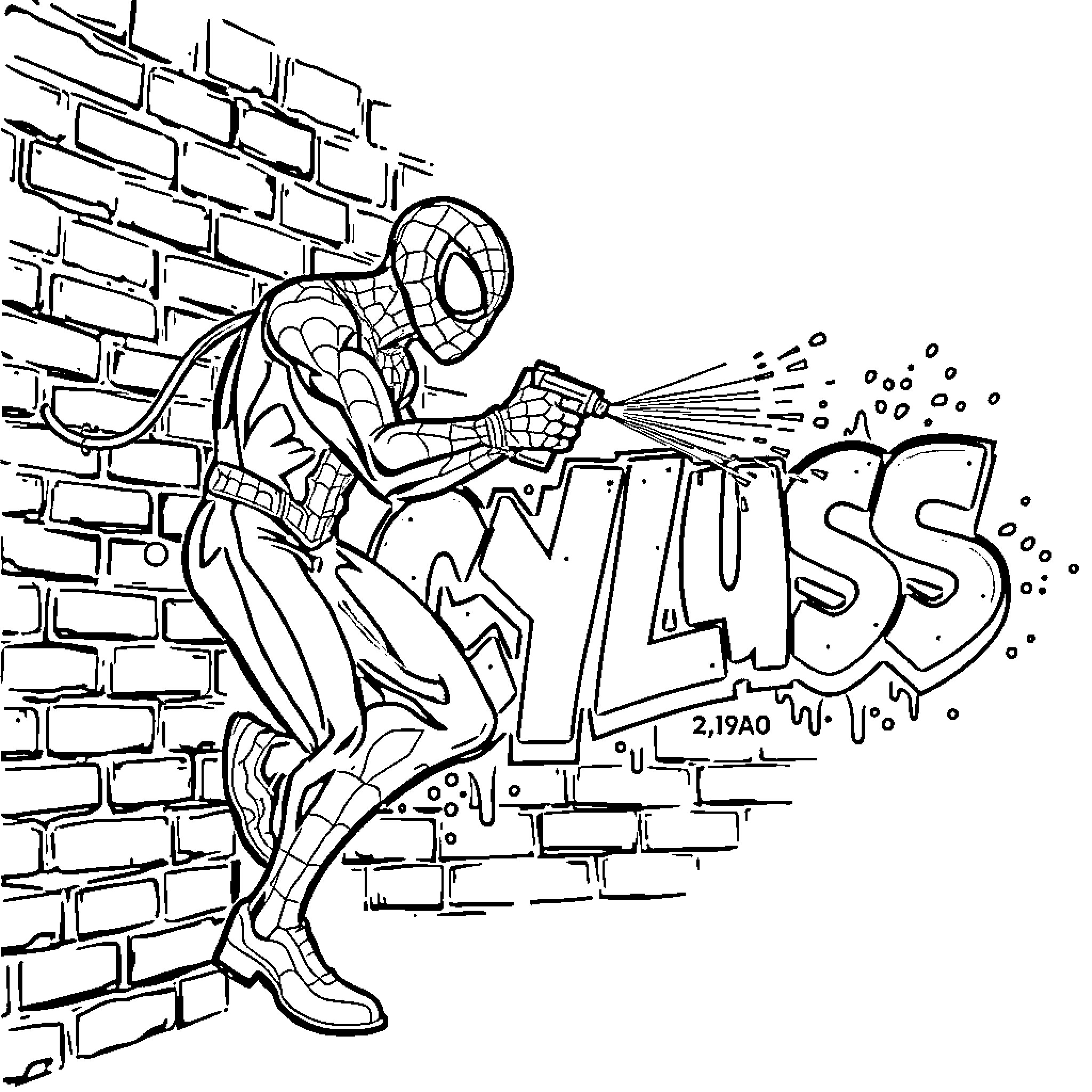 Spiderman climbing on the wall and spraying graffiti Coloring Page (free black-and-white line drawing printable PDF for all, from beginners to advanced learners, including children, teens, adults, and seniors)