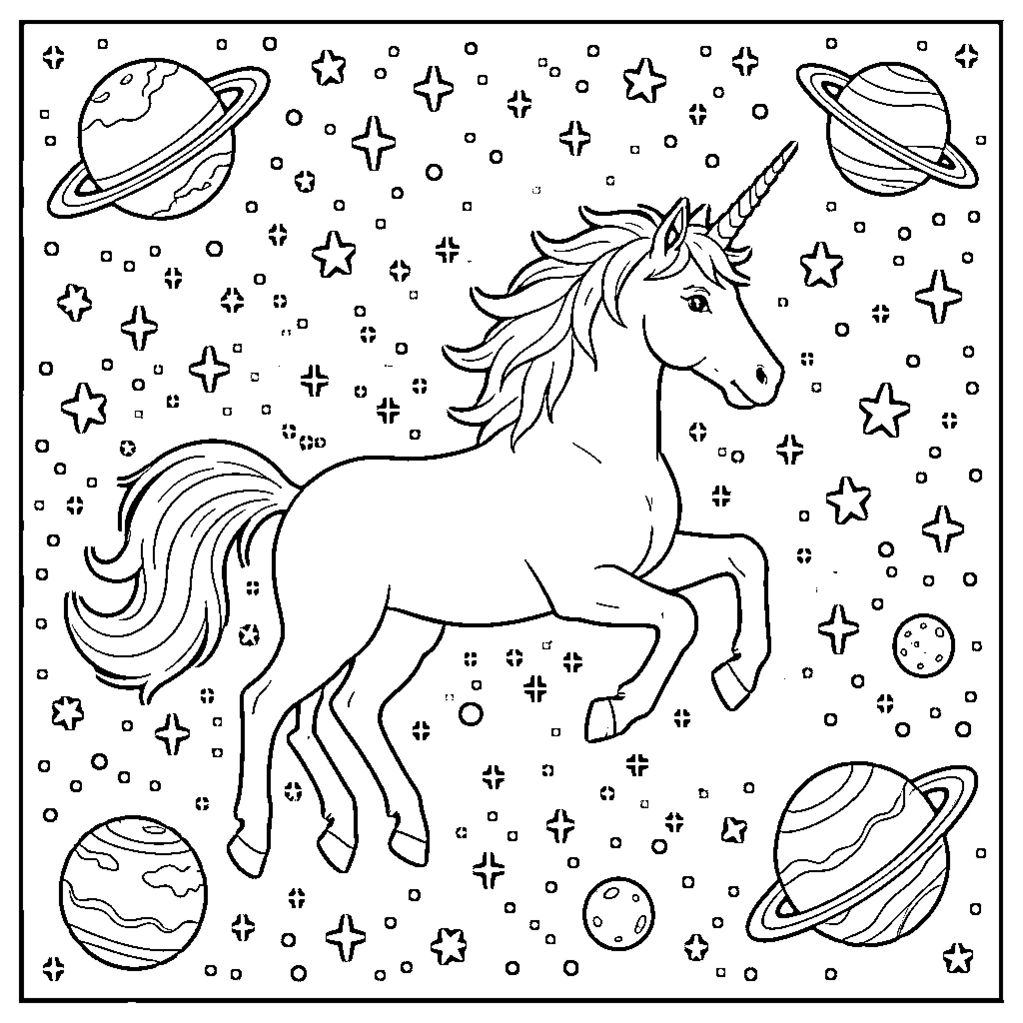 Unicorn amid cosmic stars and planets Coloring Page (free black-and-white line drawing printable PDF for all, from beginners to advanced learners, including children, teens, adults, and seniors)