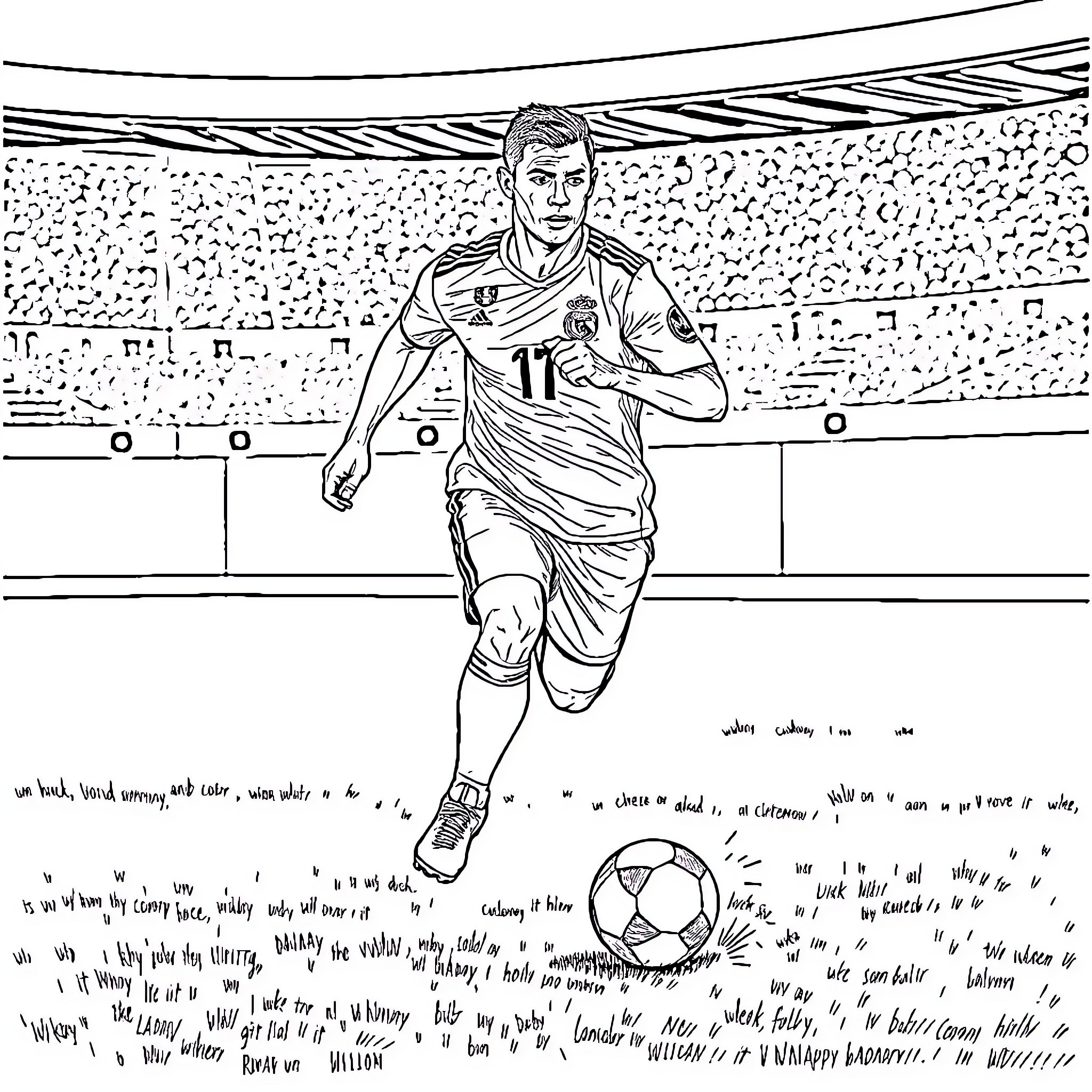 Cristiano Ronaldo in action on the football field Coloring Page (free black-and-white line drawing printable PDF for all, from beginners to advanced learners, including children, teens, adults, and seniors)