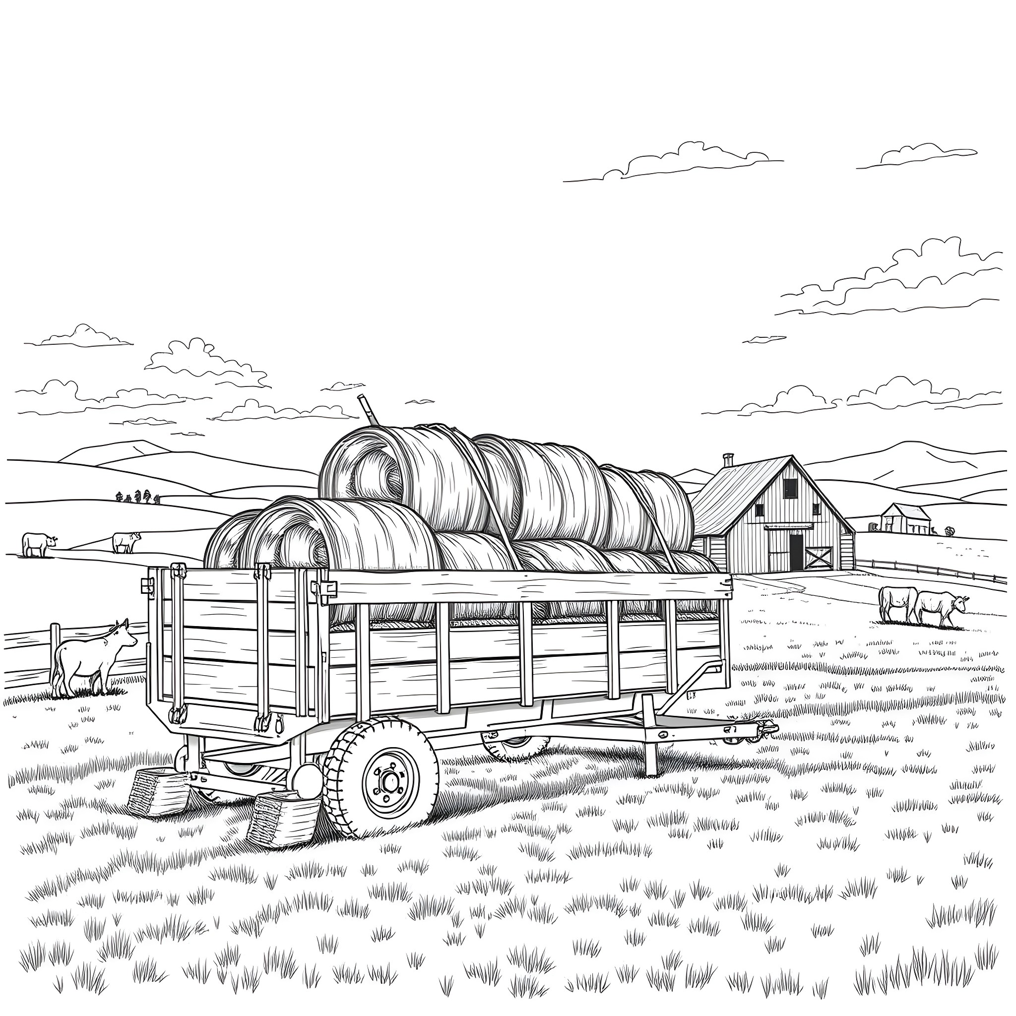 Hay Trailer on a Farmland Landscape Coloring Page (free black-and-white line drawing printable PDF for all, from beginners to advanced learners, including children, teens, adults, and seniors)
