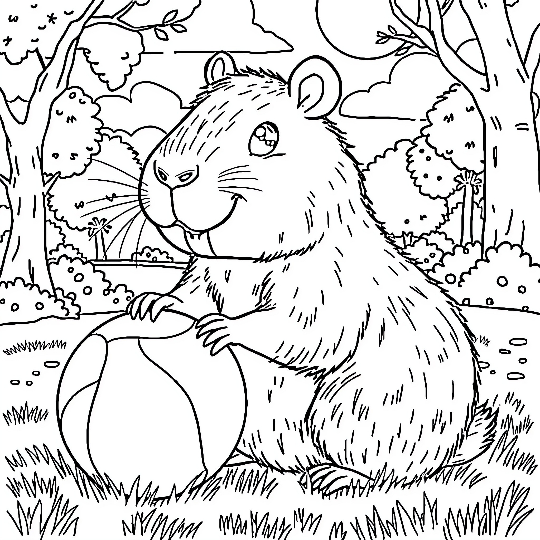 Capybara relaxing in the tranquil forest Coloring Page (free black-and-white line drawing printable PDF for all, from beginners to advanced learners, including children, teens, adults, and seniors)