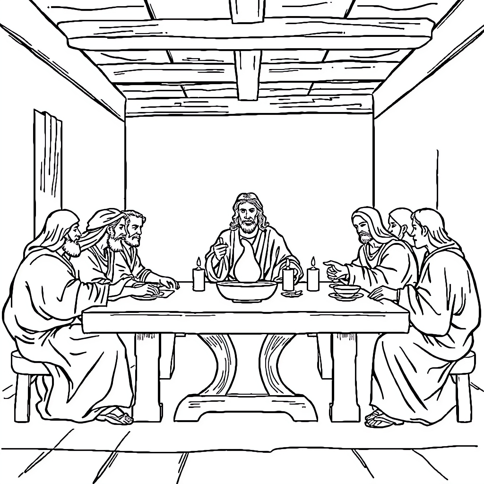 Last Supper with Figures Gathered Around a Table Coloring Page (free black-and-white line drawing printable PDF for all, from beginners to advanced learners, including children, teens, adults, and seniors)