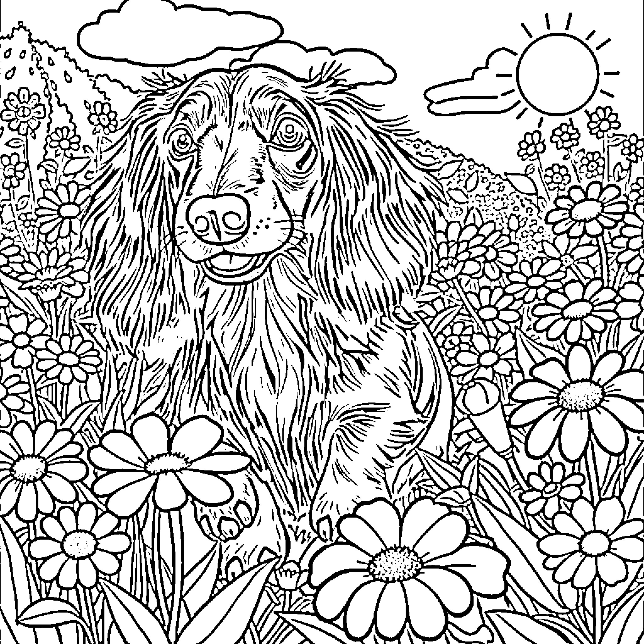 Dachshund amidst blooming flowers in the garden Coloring Page (free black-and-white line drawing printable PDF for all, from beginners to advanced learners, including children, teens, adults, and seniors)