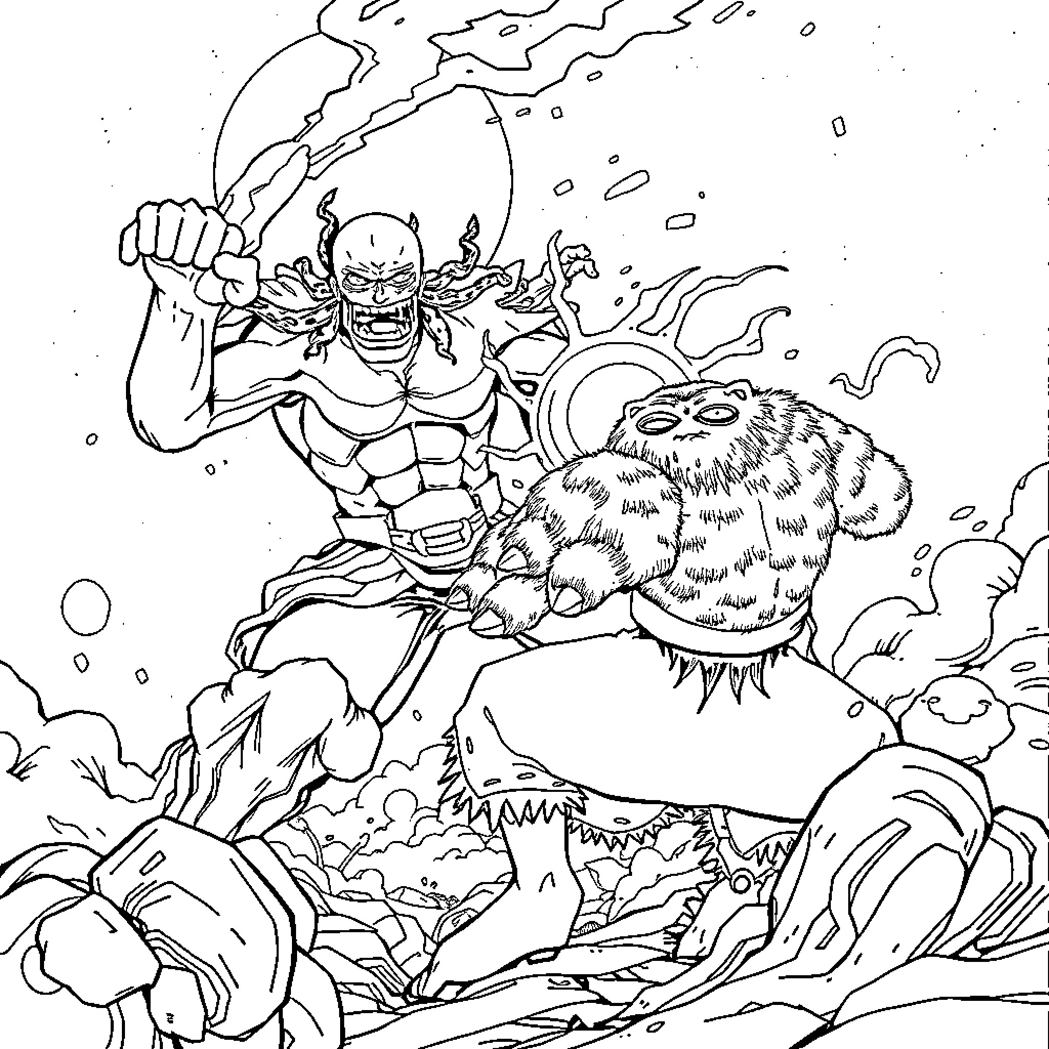 One Piece Character Battling Fierce Monster Coloring Page (free black-and-white line drawing printable PDF for all, from beginners to advanced learners, including children, teens, adults, and seniors)