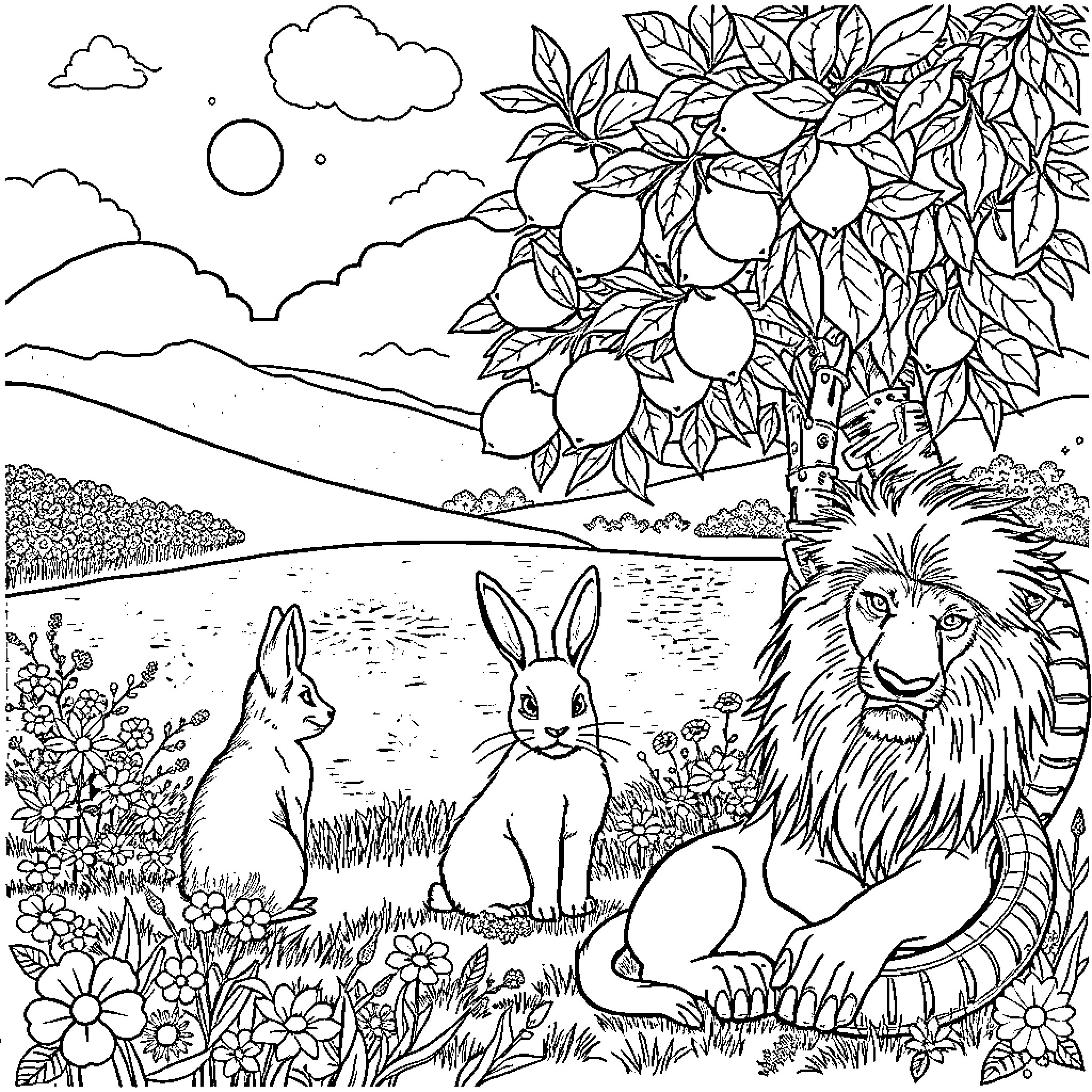 Rabbit and Lion in Serene Nature Landscape Coloring Page (free black-and-white line drawing printable PDF for all, from beginners to advanced learners, including children, teens, adults, and seniors)