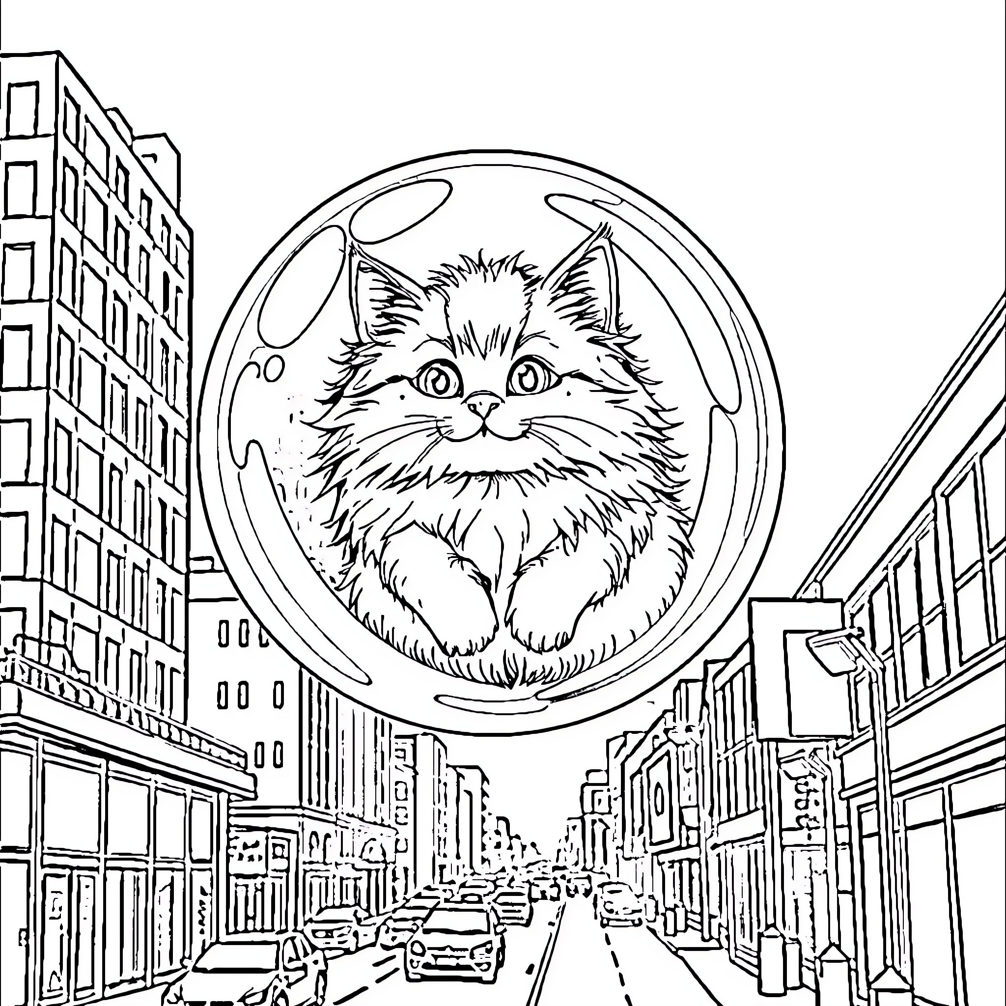 Cat in a Round Frame over the City Street Coloring Page (free black-and-white line drawing printable PDF for all, from beginners to advanced learners, including children, teens, adults, and seniors)
