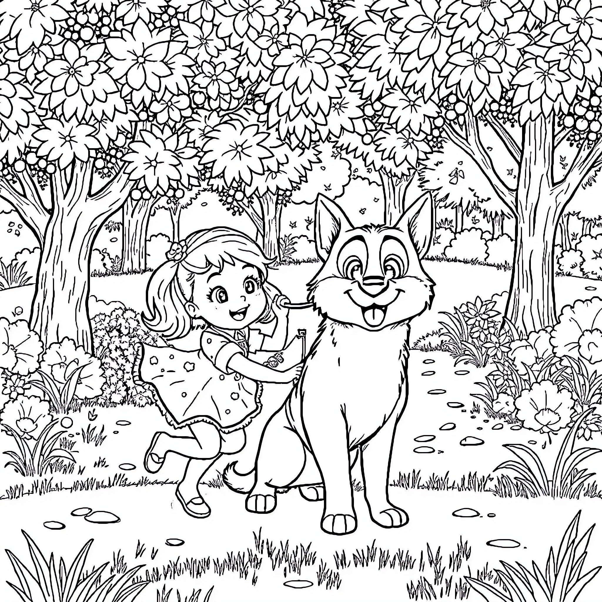Nena's Adventure with a Friendly Rabbit in the Forest Coloring Page (free black-and-white line drawing printable PDF for all, from beginners to advanced learners, including children, teens, adults, and seniors)