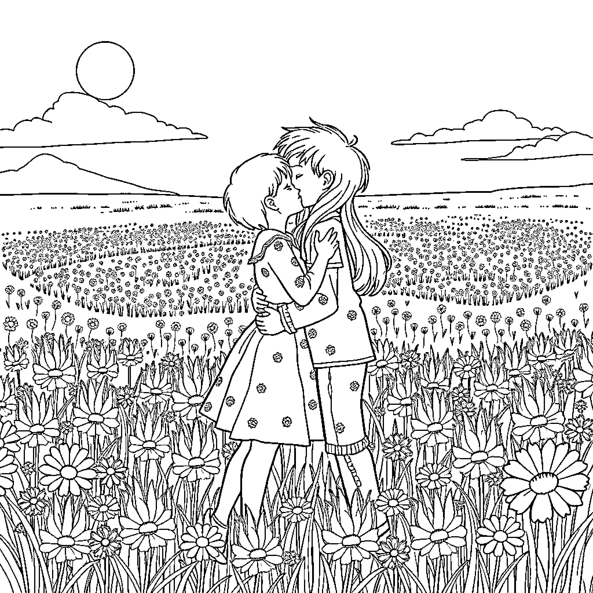 Boy and Girl in Flower Field Coloring Page (free black-and-white line drawing printable PDF for all, from beginners to advanced learners, including children, teens, adults, and seniors)