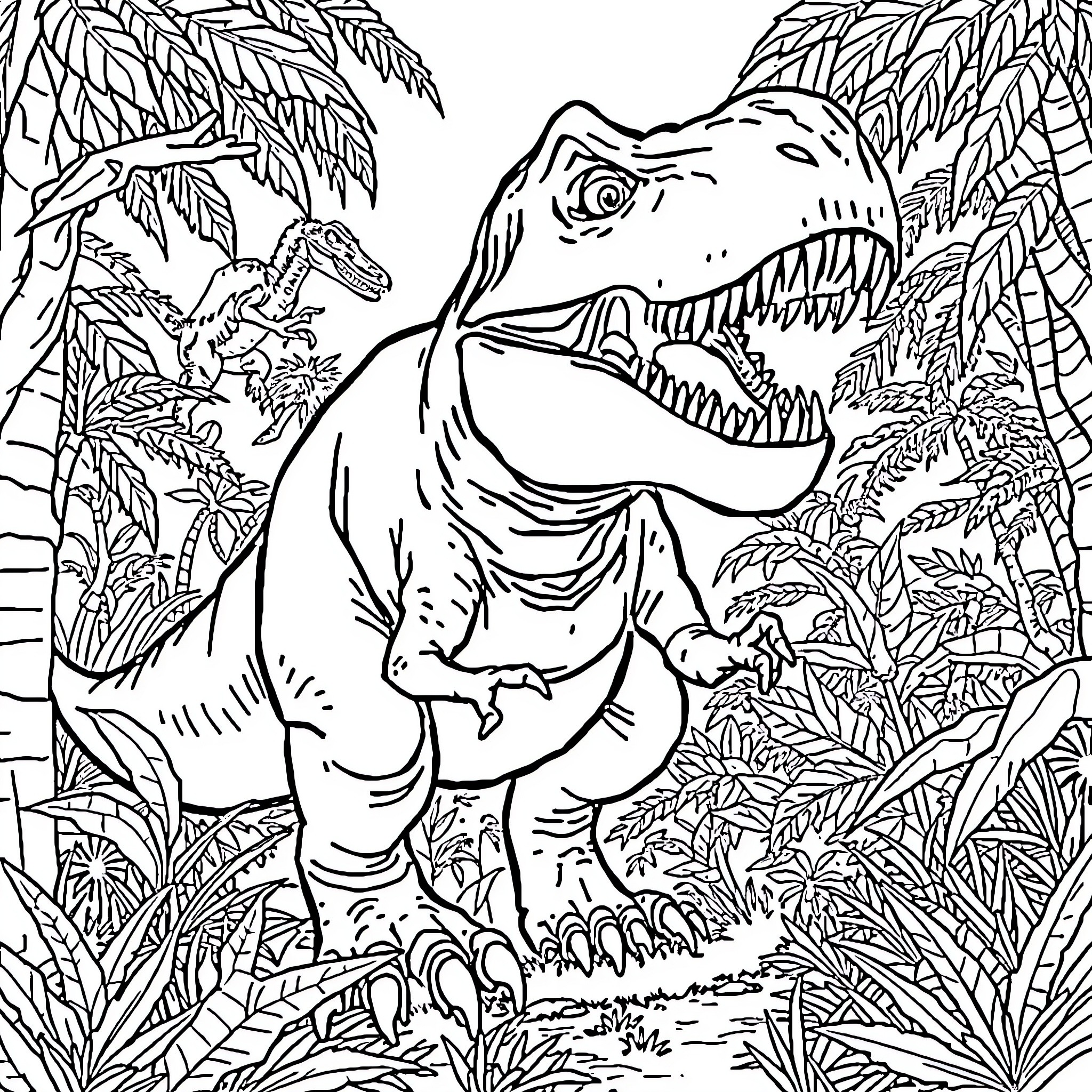 T-Rex Roaring Ferociously in Jungle Landscape Coloring Page (free black-and-white line drawing printable PDF for all, from beginners to advanced learners, including children, teens, adults, and seniors)